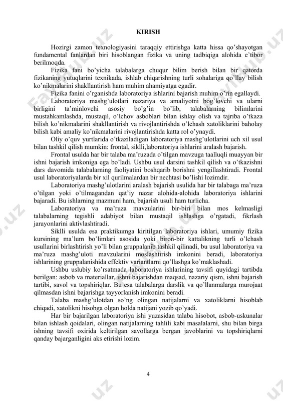 ratiladi: 1. oldindan darajalab qo’yilgan va o’lchanadigan miqdorni bevosita asbobning darajasi bo’yicha hisoblashga imkon beruvchi eo’a bevosita baholaydigan (ko’rsatadigan) asbob ( ampermetr, voltmetr, vattmetr, fazometr, chastotametr va hokazo) deb ataladi. 2. o’lchanayotgan miqdor qiymatini uning o’lchovi bilan solishtirish natijasida olinadigan eo’a solishtirib o’lchaydigan asbob (o’lchash ko’prigi, potentsiometr va kompensator va hok.) deb ataladi. hozirgi vaqtda bevosita baholaydigan (ko’rsatadigan) asbob eo’a larining turlari nihoyatda ko’p, binobarin, ularga qo’yiladigan talablar, ishlatish sharoiti, tuzilishi va boshqa ko’rsatkichlari xilma-xil bo’lganligi uchun ham ularni quyidagicha tasniflash ( klassifikatsiyalash) mumkin: 1. o’lchanayotgan kattalik turiga ko’ra: ampermetr – a, voltmetr –v, vattmetr – w, fazometr –φ , chastotametr– hz , ommetr – ω 2. zanjirdagi tokning turiga ko’ra: o’zgarmas - “– ”, o’zgaruvchan - “”, o’zgarmas va o’zgaruvchan – “≂”, uchfazali - “≋” 3. ishlash printsipiga ko’ra: magnitoelektrik induktsion elektromagnitik simli qizdiriladigan issiqlik asbobi elektrodinamik bimetall (qo’shmetall) 4. aniqlik sinfiga ( klassi ) ko’ra: har qanday o’lchashda …