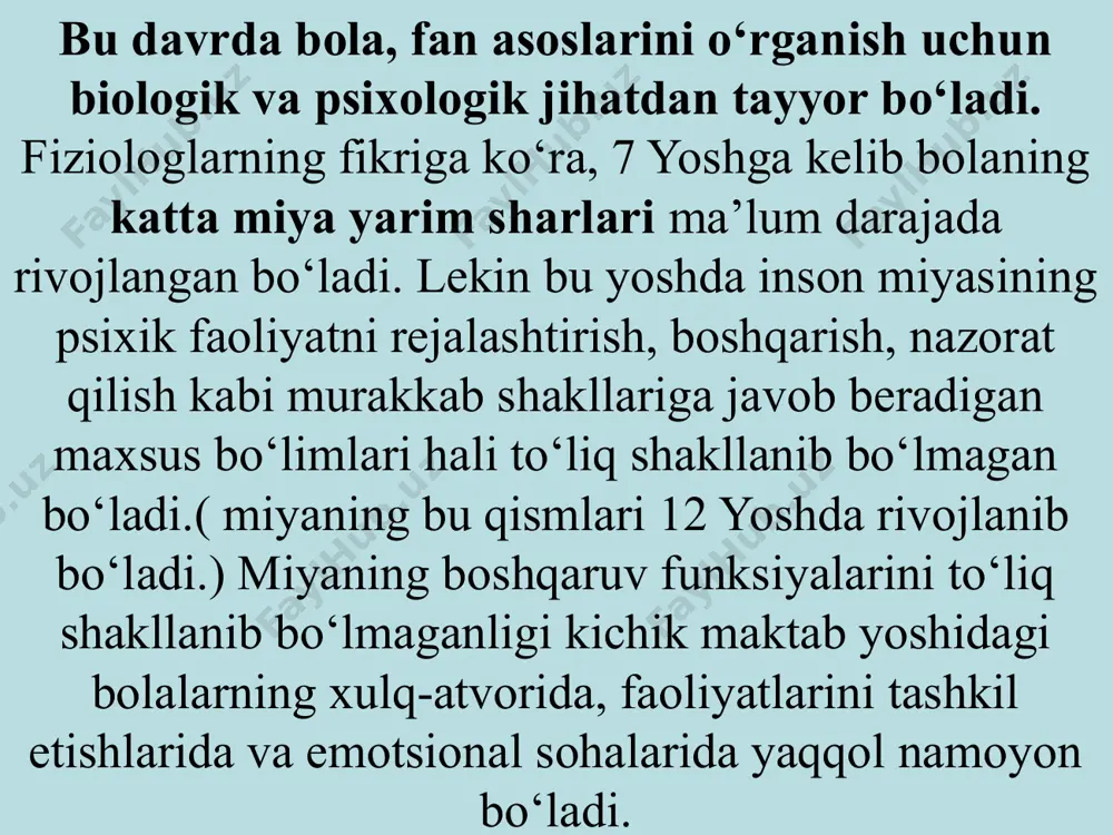ik ta’sirli emas, xaqiqiy tushuncha esa boshqa motiv. o‘ynab kelish imkonini olish. tadqiqot ishlari shuni ko‘rsatadiki, ish jarayonida o`qitish motivlari hech qanday ahamiyatga ega emas. bizning tekshirish natijalariga ko‘ra 1-o‘rinda keng ijtimoiy motivlar, 2-o‘rinda qisqa muddatli, 3-o‘rinni o‘quv bilim motivlari egallaydi. keng ijtimoiy motivlar: motiv tizimida deydi l.i.boxovich – kichik maktab yoshida o`quv jarayonini uyg‘otishda ijtimoiy motivlar yuqori o‘rinni egallaydi-ki bolalarning ish jarayonidagi ijobiy qarashlarni belgilashi mumkin. kichik maktab bolasi hozirgi kuni bilan yashaydi. ana shuni nazarda tutgan holda dars jarayonini shunday tashkil qilish kerakki, o‘zining natijalarini ko‘rsin, har kun darsda olayotgan bilimini ko‘rayotgani, bilimi oshayotganini tushunishi lozim. bola o‘ziga o‘zi qilayotgan ishlari, nimalarni biladi-yu, nimalarni bilmaydi, qaysini qilmaydi-yu, qaysilarni qilishi kerakligini belgilab olib, o‘ziga hisobot berishi lozim. kichik maktab yoshidagi bola namunali baho olish uchun harakat qilib, o‘z natijasini baholashga erishadi. sh.a.amonashvili fikricha, 78 foiz bola olgan bahosidan norozi holda uyga ketadilar. ularning fikricha uning javobi qoniqarli bo‘lib, unga …