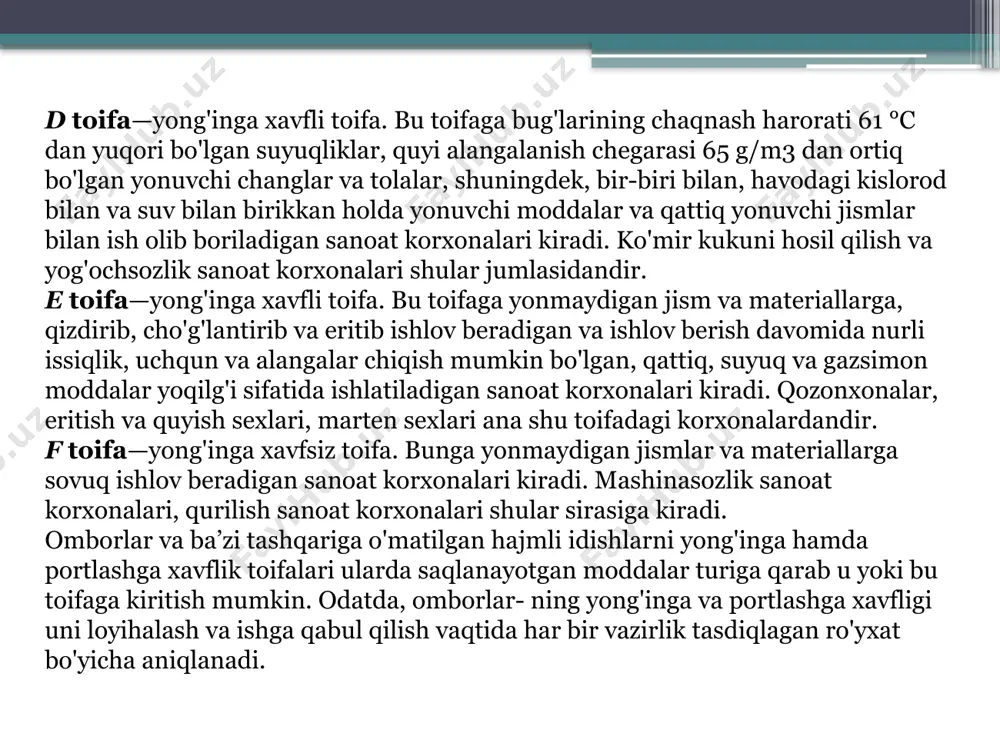 truksiyalar va sanoat chiqindilardan tayyorlangan—yarim organik va yarim mineral moddalardan tayyorlangan konstruksiyalar). yonadigan konstruksiyalar—bularga alanga yoki katta harorat yondiruvchi vosita bo'lib, keyin alanga olib ketilgandan keyin ham yonishda davom etadigan sanoat konstruksiyalari kiradi (yog'och materiallar, qurilishda ishlatiladigan turli-tuman plastmassa materiallari). bino qurilishida ishlatiladigan qurilish konstruksiyalarining yong'inga chidamliligini yoki yonishi ularning qanday materialdan tayyorlanganligiga to'g'ridan-to'g'ri bog'liq bo'ladi. ammo ba’zi bir hollardan konstruksiyalarning o'tga chidamligiga uning tarkibiga kiradigan materiallaming o'tga chidamligiga nisbatan ko'proq bo'lishi mumkin (masalan, issiq saqlovchi izolatsiya vositalarini metall tunuka bilan qoplab,. uning o'tga chidamligini oshirish mumkin). yong'in sharoitida qurilish konstruksiyalariga katta harorat ta’siridan tashqari boshqa kuchlar ham ta’sir ko'rsatadi. masalan, konstruksiyaning o'z og'irligi, u ko'tarib turgan umumiy og'irlikdan tashqari yana qo'shimcha statik va dinamik kuchlar ta’sir ko'rsatishi mumkin, bu sochilayotgan suvning, yig'ilayotgan va bosim tushayotgan bino qismlarining og'irligi va hokazo. shuning uchun ham bunday kuchlar ta’sirida konstruksiyalar egilishi, bukilishi va mustahkamligini yo'qotib, ko'tarish qobiliyatiga putur etishi mumkin. bundan tashqari …