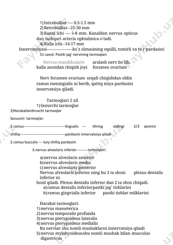oyi foramen rotundum nervus maxillaris foramen rotundum dan chiqishdan oldin ramus meningea media shoxini berib, qattiq miya pardasini innervatsiya qiladi. so`ngra nerv pastga yo`nalib, qanot-tanglay chuqurchasi sohasida tarmoqlar beradi. 4 nervus infraorbitalis ---- fissura orbitalis inferior ko`z kosasining ichiga kirib, ko`z kosasining pastki devoridagi sulcus infraorbitalis da joylashib, canalis infraorbitalis orqali o`tib, foramen infraorbitalis orqali chiqib, fossa canina da joylashadi va tarmoqlar beradi. 1) ramus palpebralis inferior 2) ramus nasalis externa kichik g`oz panjasi pes anserinus minor 3) ramus labialis superior 4. nervus alveolaris superior tarmoqlari a) nervus alveolaris anterior b) nervus alveolaris media c) nervis alveolaris posterior nervus alveolaris superior ning bu 3 ta shoxi --- plexus dentalis superior ni hosil qiladi. plexus dentalis superior dan 2 ta shox chiqadi: a) ramus dentalis superior yuqorigi jag` tishlarini b) ramus gingvialis superior yuqorigi tishlar milklarini 5 nervus zygomaticus ---- fissura orbitalis inferior orqali ko`z kosasining ichiga kirib, ko`z kosasining lateral …