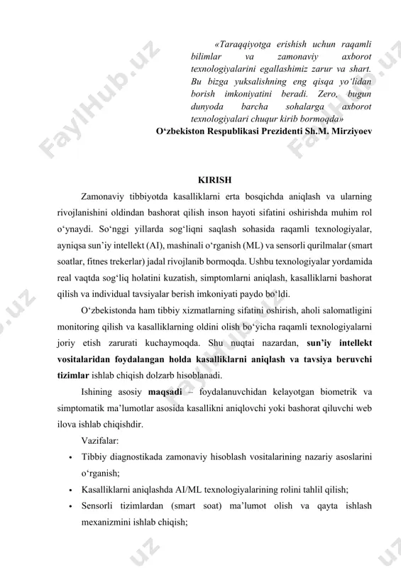 asoslari tibbiyotda sun’iy intellekt (si) tizimini joriy etish – bu jahon sog‘liqni saqlashning muhim zamonaviy trendlaridan biri. si texnologiyalari jahon sog‘liqni saqlash tizimini tubdan o‘zgartirib, tibbiy diagnostika tizimini butunlay qayta ishlab chiqish, yangi doridarmonlarni yaratish hamda tibbiy klinikalar uchun xarajatlarni bir vaqtning o‘zida kamaytirish imkonini beradi. tibbiyotda sining qo‘llanilish yo‘nalishlari [1]. loyihalashtirish kasalliklarni prognoz qilish, kasalliklar xavfi yuqori bo‘lgan bemorlarning guruhlarini aniqlash, profilaktik tadbirlarni tashkil etish ishlab chiqarish shifoxonalarda jarayonlarni avtomatlashtirish va optimallashtirish, diagnostika aniqligini avtomatlashtirish va takomillashtirish ilgari surish narxni hosil qilishni boshqarish, bemorlar uchun xavfni kamaytirish xizmat ko‘rsatishni taqdim etish har bir alohida bemor uchun davolash va dori tarkibini moslashtirish, poliklinika yoki kasalxonada bemorning marshrutini qurish uchun virtual yordamchilardan foydalanish jihozlangan si asboblari turli sohalarda qo‘llaniluvchi g‘oyalarni taklif etgan holda katta hajmdagi ma’lumotlardan ahamiyatga ega ma’lumotni chiqarib olishi mumkin. davolash variantlari haqida qimmatli ma’lumotlarni taqdim etish: si texnologiyalari yordamida shifokorlar tibbiy qaror qabul qilishni qo‘llab-quvvatlash uchun tibbiy adabiyotlarda …