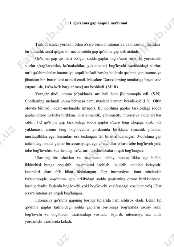 a asosiy rolni bog'lovchi va bog'lovchi vazifasidagi vositalar bajarib, intonasiya esa unda yordamchi vazifasida keladi. 2. qo'shma gap turlari qo'shma gaplar, tarkibidagi sodda gaplarning semantik, grammatik va intonasion xususiyatlariga ko'ra, 3 gruhga bo'linadi. 1. bog'langan qo'shma gap 2. ergashgan qo'shma gap 3. bog'lovchisiz qo'shma gap 3. bog'langan qo'shma gap bog'langan qo'shma gaplarni tashkil qilgan sodda gaplar o'zaro teng aloqada bo'ladi. masalan: yigit yonida so'z kutib bordi, lekin chol ha deganda gapiravermadi. (m.i). kun qaytgan va bahor kunlarining uchdan ikki ulushi o'tgan edi. qo'shma gap tarki bidagi sodda gaplar o'zaro teng bog'lovchilar va inkor bog'lovchilari, yuklamalar, bo'lsa, esa (qo'shimchalari) yordamchilari bilan bog'lanadi. shularga ko'ra, bog'langan qo'shma gaplarni to'rt gruxga bo'lish mumkin. 1.teng bog'lovchilar yordami bilan tuzilgan bog'langan qo'shma gap 2.inkor bog'lovchisi yordami bilan tuzilgan bog'langan qo'shma gap 3.yuklama yordami bilan tuzilgan bog'langan qo'shma gap 4.bo'lsa, esa yordami bilan tuzilgan bog'langan qo'shma gap. teng bog'lovchi yordami bilan tuzilgan bog'langan qo'shma gaplar uch …