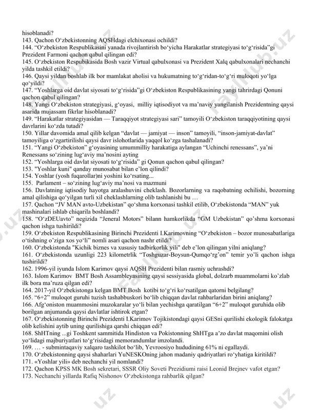 ixida qanday muhim voqea sodir bo‘ldi? 85. o‘zbekiston respubikasi prezidenti sh.m.mirziyoyev qachon bmt bosh assambleyasining 72-sessiyasida nutq so‘zlagan edi? 86. 1996-yil 17-aprelda prezident farmoni bilan ... 87. 2001-yil 25-aprelda ... 88. uzoqqa boruvchi ta’sir vositalari va uslublari; maqsadni istiqbolli dinamik aniqlab olish bu—… 89. huquqshunoslikda huquqbuzarga nisbatan qoʻllaniladigan va uning uchun muayyan oqibatlar keltiruvchi chora bu—…. 90. 2020-2021 o‘quv yiliga kelib o‘zbekistonda faoliyat olib borayotgan mahalliy va xorijiy oliy o‘quv yurtlari soni qanchaga yetdi? 91. sh.m.mirziyoyev o‘zbekistonda harbiy ta’lim maktablariga qanday nom berishni taklif qilgan? 92. harbiy ta’lim-tarbiya beradigan kursantlar maktablariga “temurbeklar maktabi” deb nom berish taklifi qachon ilgari surilgan edi? b) 2016-yil 18-dekabrda “kamolot” yoshlar ijtimoiy harakatining 5-qurultoyida 93. o‘zbekiston respublikasining “ta’lim to‘g‘risidagi” qonunlari qabul qilingan sanalarni toping. 94. 2019-yildan prezidentimiz sh.mirziyoyev tashabbusi bilan “mahalla posboni” tuzilmasi rahbari lavozimi o‘rniga qanday lavozim joriy etildi? 95. o‘zbekiston respublikasi konstitutsiyasining nechanchi bobi mudofaa va xavfsizlik deb nomlanadi? 96. ,,o‘zbekistonnig mustaqillik deklaratsiyasi” …
