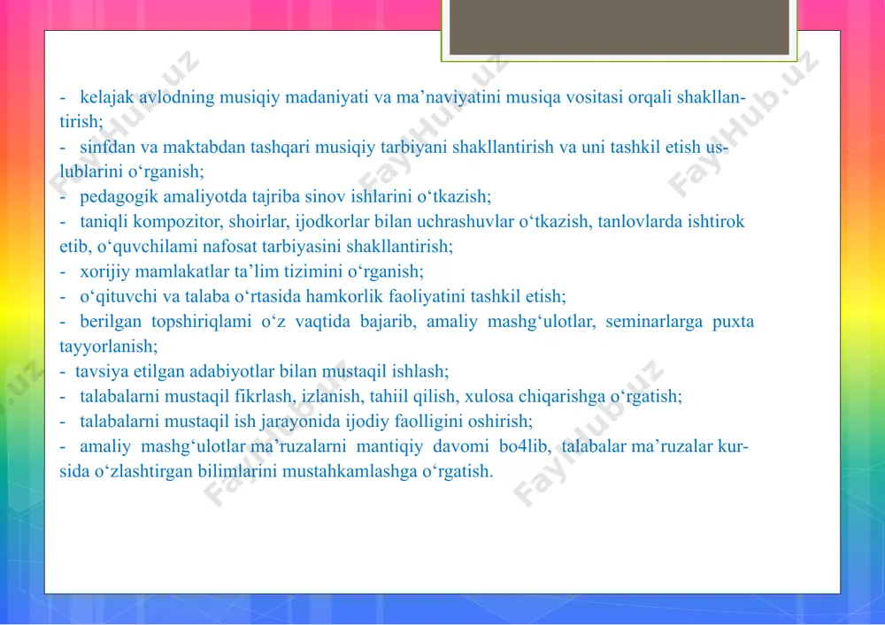urotni tarkib toyatirish, musiqani san’at sifatida ongli idrok etish. natijada bolalarda musiqa haqida mushohada qilishning boshlang‘ich asoslari vujudga keladi. ushbu maqsadgaerishish uchun quyidagi vazifalar amalga oshiriladi; 1. o ‘quvchilarni musiqiy qobiliyatlarini, musiqiy o‘quvini rivojlantirish. 2. musiqani (tinglash) idrok etish malakasini o‘stirish. 3. kuylash malakalami ustirish. 4. musiqiy badiy-g‘oyaviy mazmunivositasida axloqiy estetik tarbiyalash. boshlang‘ich sinflarda qo‘shiq o‘rgatish uchun awai shu qo‘shiq tinglanadi so‘ng qo‘shiq crrgatish metodi asosida o‘rgatiladi: 1. qo‘shiq haqida o‘qituvchining qisqacha kirish so‘zi (qo‘shiq muallifiari haqida, asam- ing tarixiy yoki tarbiyaviy ahamiyati haqida, qisqa hikoya qilish, shu asarga doir qiziqarli hayotiy suxbat o'tkazish va rasmlar ko‘rsatish). 2. qo‘shiqni o‘qituvchi tomonidan tomiq ijro etib berilishi. 3. qo‘shiqni musiqiy harakteri, uning ifoda vositalari, shakli, janrini o‘quvchilar bilan birgalikda aniqlash.4. qo‘shiqni musiqiy jumlalarga bo‘lib o‘rgatish. 5. qo'shiqni ijro sifatlari ustida ishlash (nafas, sof intonatsiya, talaffuz, dinamik belgilar asosida ifodali kuylash).6. taassurotlari yuzasidan qisqacha suhbat o‘tkazish (savol-javob) ko‘rgazmali materiallarasosida. laboratoriya mashg‘ uloti i-sinf …