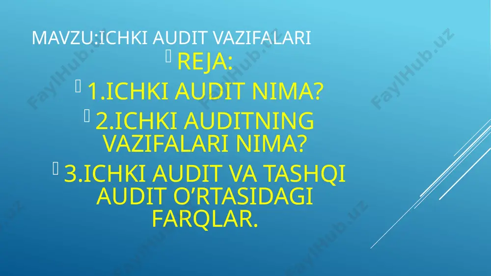arni tartibga solish dolzarb masala, lekin ayni paytda juda qiyin. bu, birinchi navbatda, buxgalteriya hisobini tashkil etish, yo'qotish xavfini kamaytirish uchun zarurdir. ichki audit xo'jalik operatsiyalarini hujjatlashtirish vaqtida amalga oshiriladi, bu ishdagi xatolarni o'z vaqtida topish va ularning oldini olish uchun zarur choralarni ko'rish imkonini beradi. auditorlik faoliyati to'g'risidagi standartga muvofiq, "ichki audit ishini ko'rib chiqish" ichki audit sifatida korxonada tashkil etilgan, korxona rahbariyati va mulkdorlari manfaatlarini ko'zlab ishlaydigan, ichki standartlar bilan tartibga solinadigan tizim tushuniladi. hisob yuritish, tuzish va hisobot berishning belgilangan tartibiga rioya etilishini hamda ichki nazorat tizimi faoliyatining ishonchliligini nazorat qilish tizimi. 2.ichki auditning vazifalari. ichki nazorat tizimining holatiga qarab, ichki auditning maqsad va vazifalari belgilanadi. asosiy maqsad - tashkilot rahbariyatini kompaniya faoliyati to'g'risida xolis, ishonchli va o'z vaqtida ma'lumot bilan ta'minlash. ichki auditning vazifalari boshqaruv organi va mansabdor shaxslarning huquq va majburiyatlarini amalga oshirishning ajralmas qismi bo'lgan ichki nazorat tizimini tashkil etishdan iborat. 1. ichki audit …