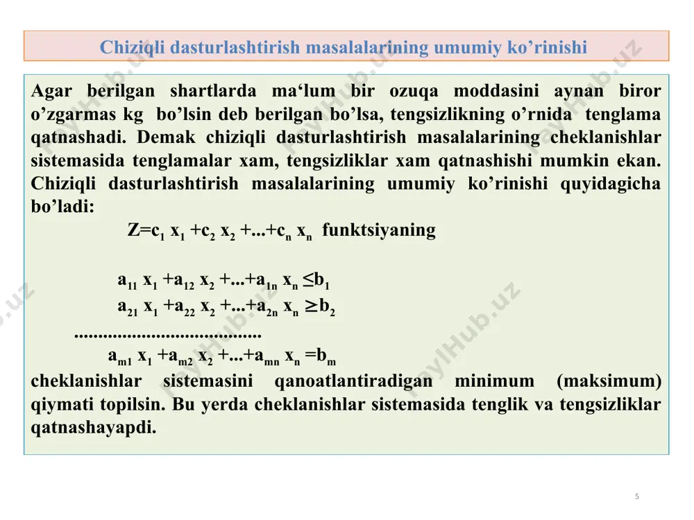 вень третий уровень четвертый уровень пятый уровень optimal yechimni iqtisodiy tahlil qilish 13 x1 =100; x2=17,8947; x3=1,7353; zmax=7005079,36 ya‘ni qo’yilgan masala shartlarida foydaning eng katta qiymati 7005079.36so’m bo’ladi. buning uchun 100t. sut, 17,8947t. kefir va 1.7947t. qaymoq ishlab chiqarish kerak. korxonadagi mavjud resurslardan, maxsus avtomatlarda qaymoq quyish uchun ajratilgan vaqtdan 10,4731soat ortib qoladi qolgan resurslar tanqis ekan, chunki olingan optimal yechimda ular to'liq foydalaniladi. haqiqatdan ham masalani matematik modelidagi mos tengsizliklardan; sut mахsulоti ishlаb chiqаrilish shаrtigа ko’rа quyidаgi tengsizlikni echish mumkin: 1010х1+1010х2+9450х3≤136 000 sut mахsulоti bo'yicha optimal yechim bilan qat‘iy tenglikka aylanadi. 1010*100+1010*17,8947+9450*1,7353=136000 demak korxonaga keladigan sut to’liq ishlatiladi. 0,18х1+0,19х2≤21,4 sut va kefirni idishlarga quyish uchun ajratilgan vaqt to’la foydalanilgan. 0,18*100+0,19*17,8947=21,4 qaymoq quyish avtomatining sаrflаshi mumkin bo’lgаn vаqti bo’yicha 3,25х3≤16,25 3,25*1,7353 =5,6397≤16,25 ya’ni qaymoq quyish avtomatining 10,4731soat vaqti ishlatilmay ortib qoldi. uchinchi simpleks jadvalning maqsad funksiyasi qatorida 23280.42(x5); 55.03(x4); 9767.2(x7)koeffitsientlar mavjud. bu bazis bo’lmagan o'zgaruvchilarning ikkilamchi baholaridir. образец текста второй …