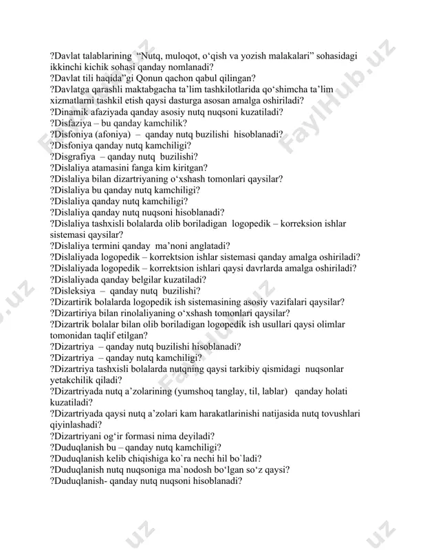 ni o’z ichiga oladi? ?bolalarni to‘g‘ri talaffuzga o‘rgatishning asosiy vazifalari nimalardan iborat? ?bolaning nuti nima asosida rivojlanib boradi? ?bradilaliya – qanday nutq buzilishi hisoblanadi? ?bradilaliya nima? ?bradilaliya qanday nutq kamchiligi? ?broka afaziyasi –bu qanday nutq kamchiligi? ?burun sigmatizm qanday nutq kamchiligi? ?chug’urlash etapida qanday tovushlar bir vaqtning o’zida paydo bo’ladi? ?davlat talablari asosida kichik maktabgacha yosh qaysi yosh davrlariga to‘g‘ri keladi? ?davlat talablarida san’at va madaniyatga qiziqishini namoyon qilish qaysi sohaga tegishli? ?davlat talablarining “nutq, muloqot, o‘qish va yozish malakalari” sohasidagi ikkinchi kichik sohasi qanday nomlanadi? ?davlat tili haqida”gi qonun qachon qabul qilingan? ?davlatga qarashli maktabgacha ta’lim tashkilotlarida qo‘shimcha ta’lim xizmatlarni tashkil etish qaysi dasturga asosan amalga oshiriladi? ?dinamik afaziyada qanday asosiy nutq nuqsoni kuzatiladi? ?disfaziya – bu qanday kamchilik? ?disfoniya (afoniya) – qanday nutq buzilishi hisoblanadi? ?disfoniya qanday nutq kamchiligi? ?disgrafiya – qanday nutq buzilishi? ?dislaliya atamasini fanga kim kiritgan? ?dislaliya bilan dizartriyaning o‘xshash tomonlari qaysilar? ?dislaliya bu qanday …