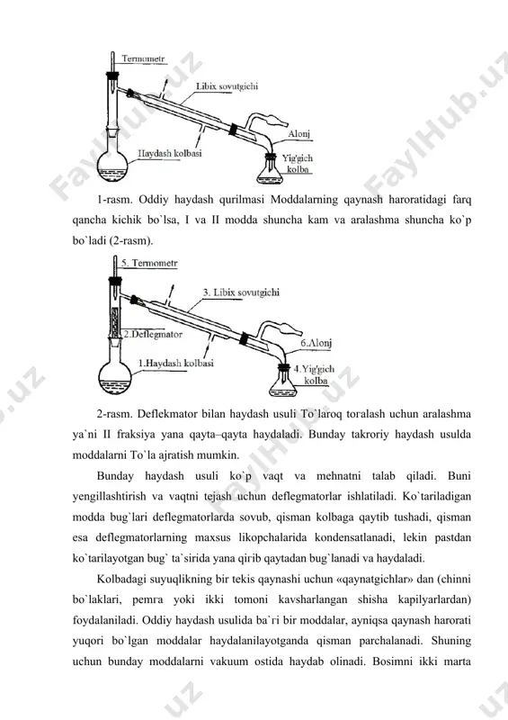 igan asosiy fraksiyalar fraksiyalar fraksiyalarning qaynash chegarasi 0c uglevodorodlar molekulasidagi uglerod atomlarining soni benzin 20 – 200 4 –12 kerosin 175 – 275 9 –16 gazoyl 200 – 400 15 – 25 surkov moylari 300 dan yukori (vakuumda haydaladi) 20 – 70 laboratoriyada neftni haydash yo`li bilan birin-ketin fraksiyalarga ajratib, neft mahsulotlari olinadi. bu usulni sanoatda tadbiq etib bo`lmaydi. bu usul juda unumsiг, ko`p mablag` sarflanadi va uglevodorodlarni molekulyar massasiga mos holda fraksiyalarga aniq ajratib berolmaydi (jadval). neftni uzluksiz ishlaydigan naysimon asboblarda haydash usulida haydaladi. qurilma ikkita asosiy qurilmadan - neft qizdiriladigan naysimon pech va dektifikatsiyalash kolannasidan iborat; bu kolonnada neft fraksiyalarga (distillyatlarga) - qaynash haroratlariga qarab, ayrim uglevodorodlar aralashmasiga benzin, ligroin, kerosin va boshqalarga ajraladi. rektifikatsiya usuli: haydash ajralib chiqqan bug` kondensatsiya jarayoniga uchraydi, hosil bo`lgan kondensat distilyat yoki rektifikat deb ataladi. rektifikatsiyali haydash, atmosfera bosimida yoki vakuum ostida olib boriladi. hattoki, xix asrning oxirlarida rektifikatsiya usuli bilan neft …