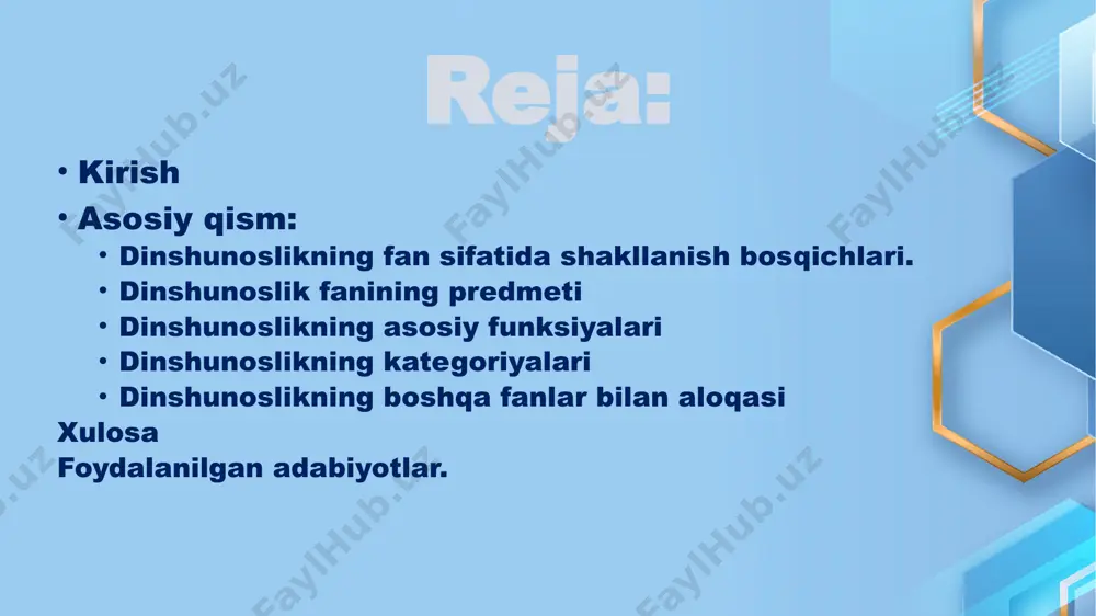 matnlar, diniy ong va e’tiqod shakllarini chuqur tahlil qiladi. asosiy yo‘nalishlari: dinning kelib chiqishi va rivojlanishi – tarixiy va antropologik asosda. dinni falsafiy tahlil qilish – inson va olamga munosabati, qadriyatlar tizimi sifatida. dinning ijtimoiy funksiyalari – axloq, tarbiya, jamiyatdagi o‘rni. turli dinlarning solishtirma tahlili – dunyoviy dinlar (islom, xristianlik, buddizm va boshqalar)ning o‘xshash va farqli jihatlari. diniy madaniyat va merosni o‘rganish – muqaddas matnlar, diniy san’at, arxitektura, urf-odatlar. 3. dinshunoslikning asosiy funksiyalari dinshunoslik fani nafaqat diniy bilimlarni to‘plash, balki ularni tushuntirish, tahlil qilish va jamiyat hayotida qanday ahamiyatga ega ekanligini anglatish orqali muhim funksiyalarni bajaradi. quyida uning asosiy funksiyalari keltiriladi: a) ma’rifiy va tushuntiruv funksiyasi dinshunoslik diniy hodisa va tushunchalarni xalqaro va mahalliy kontekstda ilmiy asosda tushuntirib beradi. odamlarga din mohiyatini tushuntiradi dinni noto‘g‘ri talqin qilishning oldini oladi tolerantlik va dinlararo muloqotga zamin yaratadi b) tanqidiy va tahliliy funksiyasi bu fan diniy g‘oyalarni tahliliy va ilmiy mezonlar asosida o‘rganadi. …