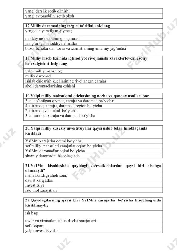 jatlari investitsiya iste’mol xarajatlari 22.quyidagilarning qaysi biri yaimni xarajatlar bo‘yicha hisoblanganda kiritilmaydi; ish haqi tovar va xizmatlar uchun davlat xarajatlari sof eksport yalpi investitsiyalar 23.iqtisodiy davrning bosqichlari qaysi ketma-ketlikda to‘g‘ri berilgan? pasayish, depressiya, jonlanish, cho‘qqi; jonlanish, depressiya, cho‘qqi, pasayish cho‘qqi, jonlanish, depressiya, pasayish depressiya, jonlanish, pasayish, cho‘qqi 24.iqtisodiy davr tushunchasiga to`g’ri javobni belgilang; ishlab chiqarish, bandlilik va inflyatsiya darajasining davriy tebranishga iqtisodiy davrlar deyiladi pul, kredit va inflyatsiya darajasining davriy tebranishga iqtisodiy davrlar deyiladi ishlab chiqarish, monetar siyosat va inflyatsiya darajasining davriy tebranishga iqtisodiy davrlar deyiladi ishlab chiqarish, fiskal siyosat va inflyatsiya darajasining davriy tebranishga iqtisodiy davrlar deyiladi 25.iqtisodiy davrlar bir-biridan qanday farqlanadi? o`tish davrining davomiyligi va faolligi bilan; bosqichlar bilan o`tish davrining davomiyligi va hukumatning siyosati bilan iqtisodiy davrlar bir-biridan farqlanmaydi 26.ishsizlikning noto‘g‘ri javobini toping; ijtimoiy iqtisodiy hodisa iqtisodiy faol aholining ish bilan band emasligi ishlash xohishi bo‘lmagan kishilar 1 oyda ish topa olmagan va birjada ro’yxatdan o‘tgan kishilar …