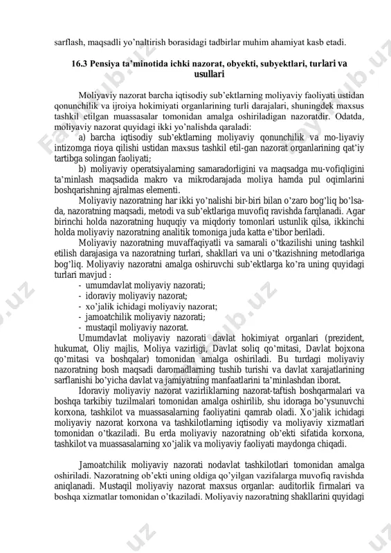 atlarini e’tiborga oluvchi me’yorlar va alohida moliyaviy huquqiy institutlar ham mavjuddir. moliyaviy huquq vositasida muvofiqlashishga bog’liq moliyaviy nazoratning asosiy mazmuni quyidagilardan iboratdir: a) davlat, mahalliy boshqaruv, tashkilotlar va fuqarolar oldidagi moliyaviy majburiyatlarni bajarishni tekshirish; b) davlat, mahalliy boshqaruv organlari tomonidan ularning tasarrufidagi xo’jalik yuritishni yoki pul resurslarini (bank ssudalari, byudjetdan tashqari va boshqa mablag’lar) boshqaruvini to’g’riigini tekshirish; v) tashkilotlar, korxonalar va muassasalar pul mablag’larini moliyaviy operatsiyalarini, hisob-kitoblarini va saqlanish qoidalarini bajarishlarini tekshirish; g) ishlab chiqarishning ichki rezervlarini aniqlashtirish; d) buzilgan moliyaviy instizom to’g’risida ogohlantirish, uni tuzatish. agar qonun va nizomlar buzilishi aniqlansa, o’rnatilgan tartiblar asosida tashkilot, mansabdor shaxs va fuqarolarga ta’sir etish kuchiga ega bo’lgan choralar ko’riladi, davlatga, tashkilotga va fuqarolarga etkazilgan moddiy ziyonlar qoplanadi. moliyaviy nazoratning oldida turgan eng asosiy vazifalar quyidagilardan iborat: - pul fondlarining o’lchami va moliyaviy resurslarga bo’lgan ehtiyoj o’rtasidagi mutanosiblikka ta’sir ko’rsatish; - davlat byudjeti oldidagi majburiyatlarning o’z vaqtida va to’liq bajarilishini ta’minlash; - moliyaviy …