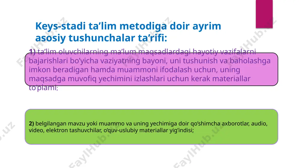 shi, uning nafaqat ta’lim oluvchilarda aniq bilimlarni shakllantirishga, shu bilan birga, tinglovchilarda fikrlash faoliyati, nazariy bilimlarini amalda qo’llashga tayyorlik va bunga qobillikni rivojlantirish, bo’lg’usi mutaxassislarda mustaqillik va tashabbuskorlik, boshqaruv va iqtisodiyotdagi tadqiqotlarning turli jihatlari bilan bog’liq keng doiradagi masalalarni idrok etish qobiliyatini ravnaq toptirishga yo’naltirilganligi bilan bog’liq. «insonning qo’liga baliqni tutqazsang – u bir kun qorni to’q yuradi, mabodo insonni baliq tutishga o’rgatsang – u butun umri davomida ochlik nimaligini bilmaydi» – xitoylik donishmandlarda shunday hikmatli gap bor. auditoriya sharoitlaridayoq boshqaruvchilik yechimlarini qabul qilishga doir malaka va ko’nikmalar egallanmasa, keyinchalik yaxshi boshqaruvchi bo’lib chiqish mumkin emas. keyslardan ta'lim jarayonida foydalanish talabalarda quyidagi zaruriy sifatlarni shakllantiradi: haqqoniy (ob'ektiv) bo'lishga o'rgatadi; nazariya va amaliyot o'rtasida uzviy bog’liqlikni shakllantiradi; muammoli vaziyatni yangicha shakllantirishga yordam beradi; vaziyatlarni hal etishda, unga ta'sir etuvchi omillarning mavjudligi: boshqalar fikrini ham qabul qila olish malakasini shakllantiradi; savol berish madaniyatini o'rgatadi; qabul qilingan qaror uchun ma'sullik hissini tarbiyalaydi. case-study …