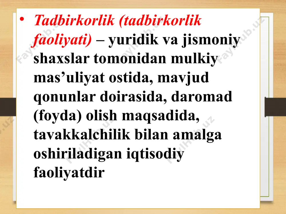 tisodiy faoliyatida, shu jumladan, boshqarshni amalga oshirishda jamoa a’zolari faol qatnashadi hamda shu orqali jamoa va shaxsiy manfaatlar uygunligi ta’minlanadi. 9 yakka tartibdagi tadbirkorlik – yuridik shaxs tashkil etmasdan xususiy tadbirkorlik faoliyatini amalga oshirish shaklidir. bunday faoliyatni amalga oshirish uchun «yakka tartibdagi tadbirkor» sifatida davlat ro‘yxatidan o‘tish kifoya 10 mikrofirma – muayyan sohadagi ishlovchilar soni jihatidan eng kichik bo‘lgan yuridik shaxs ko‘rinishidagi kichik tadbirkorlik subyekti. mas’uliyati cheklangan jamiyat (mchj) – a’zolari jamiyat majburiyatlari bo‘yicha faqat o‘zlari qo‘shgan ulush doirasida javobgar bo‘la­digan jamiyat. u bir yoki bir necha jismoniy yoxud yuridik shaxslarning kelishuviga ko‘ra tashkil etilib, yuridik shaxs hisoblanadi. 12 aksiyadorlik jamiyati (aj) -muassislar (aksiyadorlar)ning ixtiyoriy hissalari asosida tashkil etilgan biznes yuritish shakli. ochiq aksiyadorlik jamiyati -ishtirokchilari o‘zlariga tegishli aksiyalarni boshqa aksiyadorlarning roziligisiz sotib olish va ularni erkin sotish huquqiga ega bo‘lgan jamiyat. 13 yopiq aksiyadorlik jamiyati – aksiyalari faqat uning ta’sischilari yoki oldindan belgilangan boshqa shaxslar doirasida taqsimlanuvchi jamiyat. 14 …