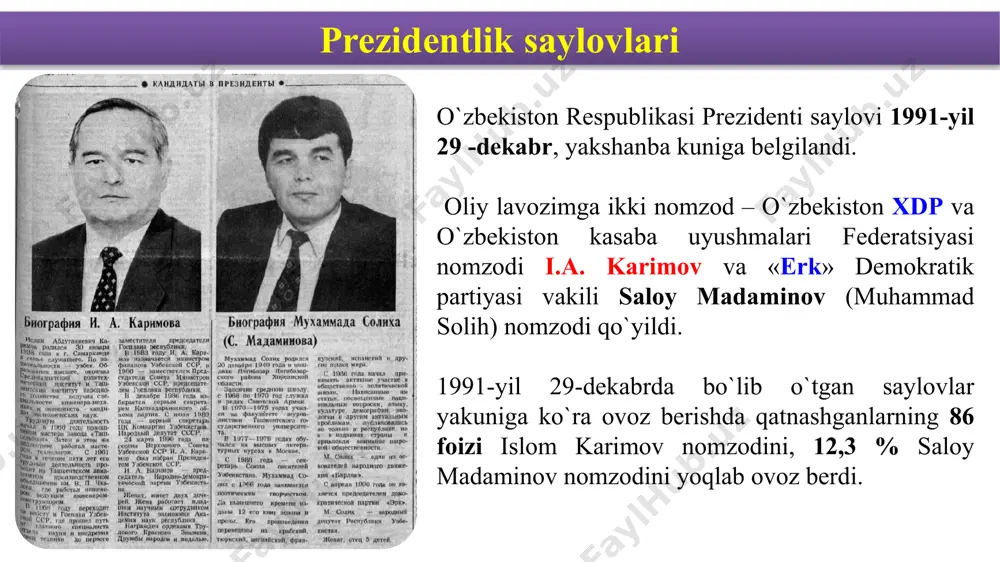 i, o'n ikkinchi chaqiriq o'zbekiston respublikasi oliy kengashining x sessiyasida 1992— yil 2-iyulda qabul qilindi. gerbning markazida qanotlarini keng yozib turgan xumo qushi tasvirlangan. bu baxt-saodat va erksevarlik ramzidir. qadim-qadim zamonlardan buyon xumo qushi o'zbek xalqi orasida odamlarni baxt-saodatga yetaklovchi kuch ramzi sifatida e’zozlab kelingan. davlat ramzlari o'zbekiston respublikasining davlat madhiyasi o'n ikkinchi chaqiriq o'zbekiston respublikasi oliy kengashining xi sessiyasida 1992-yil 10-dekabrda qabul qilindi. davlat madhiyasining matni o'zbekiston xalq shoiri abdulla oripov, musiqasi o'zbekiston xalq bastakori mutal burhonov tomonidan tayyorlangan. milliy valyuta o'zbekiston 1991-1993- yillarda sobiq itttifoqdan meros qolgan rubl zonasida bo'ldi. biroq ishlab chiqarishning pasayishi natijasida rublning qadri ham tushib bordi. o'zbekiston muomalaga milliy valyuta kiritish ishiga jiddiy kirishdi. 1993-yil 1-noyabrda o'zbekistonda so’m-kupon muomalaga kiritildi, uning kursi oldin muomalada bo'lib kelgan rublga tenglashtirilgan edi. milliy valyuta o'zbekiston prezidentining 1994-yil 16-iyunda e’lon qilingan “o'zbekiston respublikasining milliy valyutasini muomalaga kiritish to 'g ‘risida”gi farmoniga muvofiq, 1994— yil 1-iyulidan boshlab o'zbekiston respublikasining …