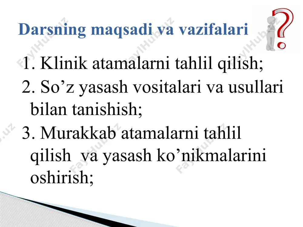 ’zlarda masalan: lot. cruc-i-formis - xochsimon; tuberos-i-tas – g’adir-budurlik; yun. bronch-o-genus - bronxogen. suffikslar so’z yasovchi ot negizi yasama so’z misollari -ul- (us, a, um) glob-us ven-a fren-um kurra vena yugan glob-ul-us ven-ula fren-ulum kurrach kichkina vena yugancha -cul- (us, a, um) canal-is aur-is gen-u kanal quloq tizza canal-i-culus aur-i-cula gen-i-culum kanalcha quloqcha tizzacha -ol- (us, a, um) bronch-us are-a bronx maydon bronch-i- olus are-ola bronxiola maydoncha -ell- (us, a, um) lam-ina cereb(rum) varaq katta bosh miya lam-ella cereb-ellum varaqcha miyacha -ill- (us, a, um) mam(ma) sut bezi mam(m)- illa ko’krak so’rg’ichi suffikslar so’z yasovchi ot negizi yasama so’z misollari -os- (us, a, um) squam-a fibr-a infect-io tanga tola yuqish squam-osus fibr-osus infecti-osus tangali tolali yuqumli so’z yasovchi negizda ko’rsatilgan belgiga boy bo’lish ma’nosini anglatuvchi sifatlar: suffikslar ma’nosi misollar ma’nosi -osis -iasis yalig’lanishdan tashqari kasallik, hujayralar miqdorining ortib ketishi, patologik jarayon va uning natijasi stenosis torayish sclerosis zichlanish qattiqlanish toxicosis …