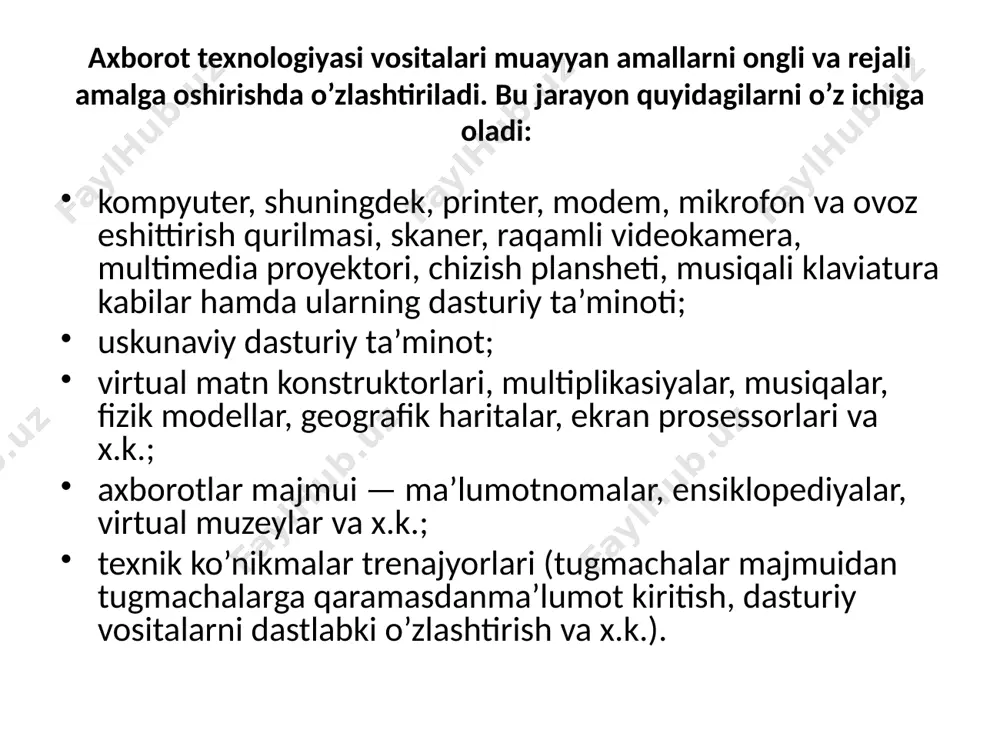 riga qiziqishni va faollikni oshirishga olib kelishi bilan muhim ahamiyat kasb etadi. pedagogik dasturiy vositalarni quyidagilarga ajratish mumkin: o’rgatuvchi dasturlar – o’quvchilarning bilim darajasi va qiziqishlaridan kelib chiqib yangi bilimlarni o’zlashtirishga yo’naltiradi; test dasturlari – egallangan bilim, malaka va ko’nikmalarni tekshirish yoki baholash maqsadlarida qo’llaniladi; mashq qildiruvchi (trenejyor)lar - avval o’zlashtirilgan o’quv materialini takrorlash va mustahkamlashga xizmat qiladi; o’qituvchi ishtirokidagi virtual o’quv muhitini shakllantiruvchi dasturlar (virtual borliq tizimlari). pedagogik dasturiy vositalarga qo’yiladigan didaktik talablarga quyidagilar kiradi: ilmiylik, tushunarli, qat’iy va tizimli bayon etilishi bilan birgalikda (pedagogika, psixologiya, informatika, ergonomikaning asosiy tamoyillarini, zamonaviy fanning fundamental asoslarini hisobga olib, o’quv faoliyati mazmunini qurish imkoniyatini ta’minlash), uzluksizlik va yaxlitlik (ilgari o’rganilgan bilimlarning mantiqiy oqibati hamda to’ldiruvchisi hisoblanadi), izchillik, muammolilik, ko’rgazmalilik, faollashtirish (o’qitish mustaqilligi hamda faollilik xususiyatining mavjudligi), o’qitish natijalarini o’zlashtirish mustahkamliligi, muloqotning interfaolliligi, o’qitish, tarbiyalash, rivojlantirish va amaliyotning yaxlit birligi. metodik talablarga quyidagilar kiradi: aniq o’quv fanining o’ziga xos xususiyatlarini hisobga olish, ma’lum …