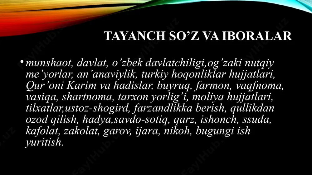 yuritish doirasida davlat boshlig’ining buyruq-farmonlari, vaqfnomalar, vasiqalar, shartnomalar, yorliqlar, ayniqsa,tarxon yorliqlari, soliq tizimini tartibga soluvchi hujjatlar o’zining alohida nufuzi bilan ajralib turadi. o’zbek davlatchiligining ma’lum bir bosqichi arablar istilosi bilan bog’liq ravishda yuzaga kelgan musulmon huquqi bilan bog’liq bo’lib, u qur’oni karim va hadislar shaklidagi urfodatlarni izga soluvchi hujjatlar majmuini qamrab oladi. ular uzoq yillar davomida jamiyatni boshqarish va tartibga solishning asosiy ma’naviy-huquqiy hujjatlari bo’lib kelgan. bu huquq doirasida amal qiluvchi asosiy hujjatlardan biri – yer egaligi bilan bog’liq bo’lgan vaqfnomalar sanaladi. vaqfnomalar yerga egalik qilish huquqi, qancha yer qachon, kimga va qancha muddatga berilganligi, uni ijaraga berish tartibi, ijara haqi me’yorlari, mulkdan olinadigan daromad, ularni sarflash yo’llari hamda to’lanadigan soliqlar kabi jihatlar mukammal aks etgan hujjat hisoblanadi. vasiqa ham qadimda keng tarqalgan hujjat turlaridan biri bo’lib, mulkka bo’lgan egalikni bildiruvchi, kishilar o’rtasidagi munosabatlarni huquqiy asosga qo’yuvchi hujjat sanalgan va qozilar tomonidan tasdiqlangan. masalan, ustoz-shogird munosabatlari, boshqalarning bolasini farzandlikka olish, …