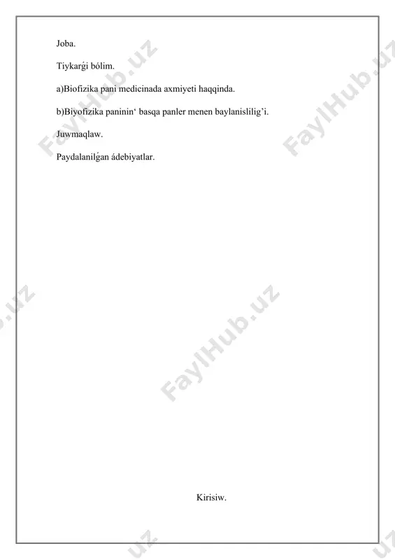 hám gamma nurlanıwlarınan keń paydalanılmaqta.medicinada qollanılıp atırgan baylamlar, ásbaplar, elektrodlar, protezler hám t.b. sırtqı ortalıq tásirinde hám sonıń ishinde biologiyalıq ortalıq tásirinde isleydi. bunday ásbaplardı real sharayatta isletiw múmkinligin bahalaw ushin olar tayarlanǵan materiallardıń fizikalıq qásiyetleri haqqındaǵı maǵlıwmatlardı, mısalı, protezlerdi tayarlaw ushın mexanikalıq bekkemlikti júklemelerge shıdamlılıqtı, elastiklikti, ıssılıq ótkiziw qábiletin, elektr ótkizgishlik sıyaqlı qásiyetlerdi biliw áhmiyetli. bir qatar jaǵdaylarda biologiyalıq sistemalardıń jasawshılıq qásiyetlerin yaki belgili sırtqı ortalıq tásirlerine shıdamlılıǵın bahalaw ushın olardıń fizikalıq qásiyetleriniń ózgeriwine qarap keselliklerdi aniqlaw múmkin. tiri organizm qorshagan ortalıq penen óz ara tásirlesken halda gana jasawı múmkin. ol ortalıqtıń temperaturası, ıǵallıǵı, hawa basımı hám usı sıyaqlı fizikalıq xarakteristikasınıń ózgerislerinen keskin tásirlenedi. sırtqı ortalıqtıń organizmge tásiri tek sırtqı faktor sipatında esapqa alınbay emlew usili sıpatında da qollanıw múmkin. bul mısallar shipaker átirapında ortalıqtıń fizikalıq qásiyetlerin hám xarakteristikasın bahalay alıwı kerek ekenligi haqqında dálil beredi.joqarıda aytıp ótilgen fizikanıń medicinada qollanılıw usılları medicina fizikasınıń tiykarın - ámeliy fizika hám …