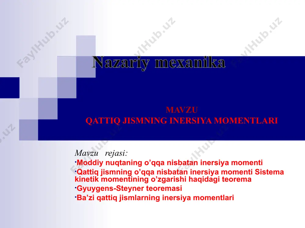 inersiya momentlari haqidagi teorema – parallel o’qlarga o’tish formulasi: dastlabki o’qqa nisbatan inersiya momenti dastlabki o’qlarga nisbatan statik inersiya momentlari jism massasi z1 va z2 o’qlar orasidagi masofa shunday qilib: агар z1 o’q massalar markazidan o’tsa, statik momentlar nolga teng bo’ladi: ma'ruza 8 gyuygens-steyner teoremasi: qattiq jismning biror o’qqa nisbatan inersiya momenti bu o’qqa parallel va massalar markazidan o’tuvchi o’qqa nisbatan inersiya momenti bilan qattiq jism massasining o’qlar orasidagi masofaning kvadratiga ko’paytmasining yig’indisiga teng m o h h mk o hk dm o1 o2 ma'ruza 8 (davomi 8.2) ko’ndalang kesimi o’zgarmas bir jinsli sterjenning o’qqa nisbatan inersiya momenti: x z l dastlab sterjen uchidan unga perpendikulyar o’qqa nisbatan inersiya momentini hisoblaymiz. o’qdan x masofada dv = adx elementar hajmni ajratamiz : x dx elementar massa: sterjenning markazidan o’tib, unga perpendikulyar o’qqa nisbatan inersiya momentini hisoblash uchun o’qning joyini o’zgartirish yetarli. bunda integralllash chegarasini (-l/2, l/2) deb olish yetarli. yoki parallel …