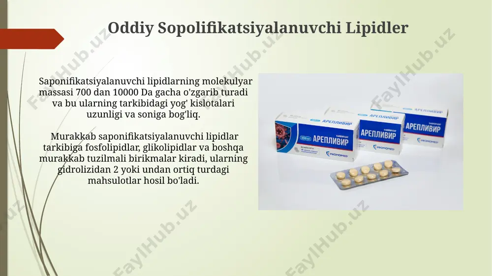 arning 40% gacha qismini tashkil qilishi mumkin va ularning membrananing suyuqligi va o'tkazuvchanligiga ta'siri katta. triglitseridlarning xossalari triglitseridlarning erish harorati tarkibidagi yog' kislotalarining to'yinmaganlik darajasiga bog'liq bo'lib, to'yingan yog' kislotalari ko'p bo'lganda erish harorati yuqori bo'ladi. triglitseridlar odatda 90% dan ortiq yog' kislotalardan va 10% dan kam glitseroldan tashkil topgan bo'lib, ularning fizik xossalari tarkibidagi yog' kislotalarning turiga bog'liq. sfingolipidlerning xossalari va funksiyalari sfingolipidlerning hujayra yuzasidagi taqsimlanishi hujayra-hujayra o‘zaro ta’siri, hujayra tanib olish va immun javoblarni boshqarishda muhim rol o‘ynaydi; ularning noto‘g‘ri metabolizmi neyrodejenerativ kasalliklarga olib kelishi mumkin. sfingolipidlarda seramid asosida 18-uglerodli yog‘ kislotalari va sfingozin asosida 18-uglerodli aminospirtlar mavjud bo‘lib, ularning tuzilishi hujayra membranalarining tuzilishi va funksiyasiga ta’sir qiladi. glikolipidler: tarkibi va turlari gangliozidlar murakkab glikolipidlar hisoblanib, ularning tarkibida 3 dan 7 gacha monosaxarid birligi va n-asetilneuramin kislotasi mavjud bo'lib, ular asab to'qimalarida muhim rol o'ynaydi. serebrozidlar – glikolipidlarning asosiy guruhlaridan biri boʻlib, ular tarkibida bitta monosaxarid (glyukoza yoki …