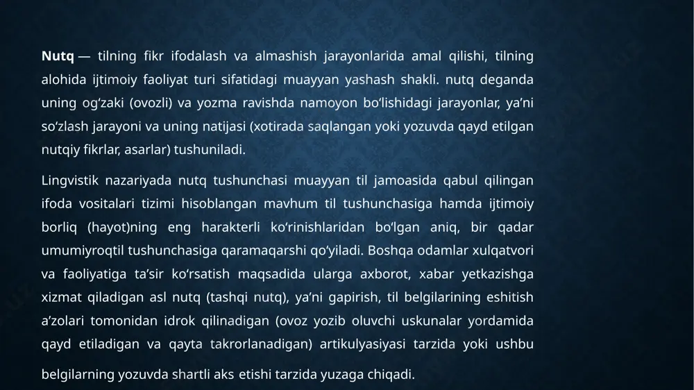 iiy yoki odobli, 10) jim yoki baland, 11) yorqin yoki tushunarsiz, 12) aqlli yoki qo'pol , 13) savodsiz yoki savodsiz va boshqalar. so'zni va uning antonimini yozing g'azab hujumi umid mo''tabar bo'ron sovuq shoshilinch tez zerikarli zo'ravonlik sharmandalik rakati qora o'tish yaxshi butun sonli ish silliq yuqoridan oling zerikarli maqtov sevgi adagio susha madaniyat ayol insoniyat bola kulgisini toping. nutq faoliyatining turlari nutq quyidagicha bo'lishi mumkin: 1) tashqi yoki ichki. 2) og'zaki yoki yozma. 3) passiv (o'qish, tinglash) yoki faol (gapirish, yozish). 4) monologik yoki dialogik. 5) tez yoki sekin, 6) qisqa yoki uzoq, 7) aniq, ravshan yoki tartibsiz, 8) hissiy ifodali yoki bir xil, 9) tabiiy yoki odobli, 10) jim yoki baland, 11) yorqin yoki tushunarsiz, 12) aqlli yoki qo'pol , 13) savodsiz yoki savodsiz va boshqalar. so'zni va uning antonimini yozing g'azab hujumi umid mo''tabar bo'ron sovuq shoshilinch tez zerikarli zo'ravonlik sharmandalik rakati qora o'tish yaxshi butun sonli …
