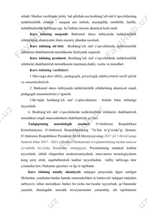 yonida hamkorlikka erishish, shuningdek, jamoa ahzolarini uyushtirish, ularni yagona maqsad atrofiga birlashtirish hamda muayyan harakatlarni amalga oshirishda yetakchi (lider)likni qo’lga olish kabilarning samarali shakllanganligi bilan belgilanadi. bundan anglanadiki, tashkilotchilik sifatlari shaxsning ijtimoiy tavsiflaridan iborat bo’lib, uning negizida turli ko’rinishlardagi faoliyatlarni tashkil qilish; muayyan jarayonda ishtirokchilarni faollashtirish, jamoani birlashtirish va uni samarali boshqarishdagi yetakchilik (liderlik) xususiyatlari aks etadi. boshlang’ich ta’lim samaradorligini oshirish shartlari hamda mazkur bosqichda ta’lim va ma’naviy-mahrifiy ishlarni o’tkazishda samarali sanalgan metod va vositalar k.a.abdullaeva, b.r.adizov, n.u.bikbaeva, m.e.inoyatova, o.xasanboevalar tomonidan ochib berilgan. boshlang’ich sinf o’quvchilarida ma’naviy-axloqiy, aqliy, jismoniy, estetik, ekologik hamda iqtisodiy madaniyat sifatlarini shakllantirish masalalari g.akromova, m.bazarova, m.zaynitdinova, a.teshaboev hamda e.xiyelarning ishlarida tahlil etilgan. o’zbekiston pespublikasi mustaqilligining dastlabki kunlaridanok totalitar boshqaruv tizimiga barkam berish, jamiyat ijtimoiy rivojlanishi va tarakkiyotining yangi yo’nalishini belgilashga aloxida ehtibor qaratildi. tub ijtimoiy va iqtisodiy islohotlarni amalga oshirish jamiyat hayotini yangilash, bozor ishlab chiqarishiga asoslangan munosabatlarni qaror to’tirishning eng makbul yo’li deb to’ildi. keng …
