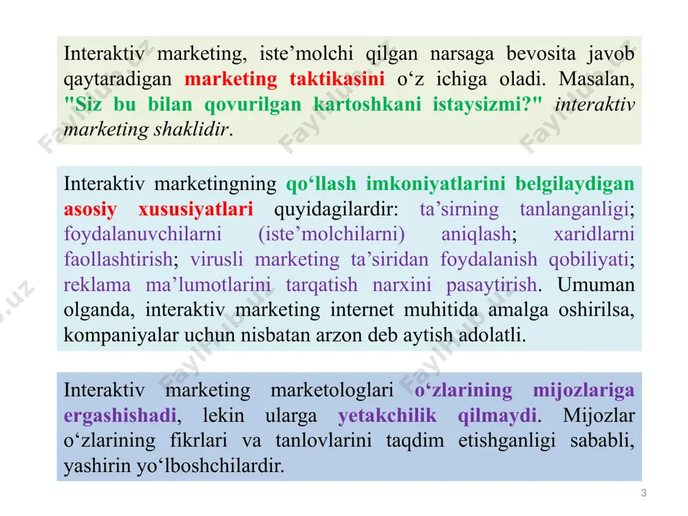 shning ajoyib vositasi. kompaniyalar iste’molchilar bilan aloqa o‘rnatishda ularning o‘ziga xos ehtiyojlari va istaklarini chuqur o‘rganib, tegishli ma’lumotlar bazalarini yaratishlari mumkin. elektron savdogarlar do‘konlarning ish haqi va ijara, sug‘urta va kommunal xizmatlar bilan bog’liq xarajatlarni bilishmaydi. xaridorlar to‘g‘ridan-to‘g‘ri sotuvchilar bilan aloqa qilishlari sababli, interfaol marketing ko'pincha mahsulotni taqsimlashning turli bosqichlarida, masalan buyurtmalarni qayta ishlash, omborxonada saqlash, xaridorga yetkazib berish va sotishni ilgari surish kabi narxlarning pasayishiga va samaraliroq bo’lishiga olib keladi. masalan, kompaniya o'z mahsulotlari va xizmatlarining elektron kataloglarini ishlab chiqishi mumkin, bu esa bunday katalogning qog'oz nusxasini nashr etish va jo'natishdan ancha arzon bo’ladi. interfaol marketingning nisbatan past narxidan uni yirik va kichik biznes foydalanishi mumkin. 6 13.2. interaktiv marketing: ustunliklari va kamchiliklari savdoni ko‘paytirish; iste’molchilarning qoniqishini oshirish; marketing xarajatlarini kamaytirish; interaktiv marketing, shuningdek, sotuvchiga o‘z faoliyatiga doimiy ravishda o‘zgartirishlar kiritish orqali ko‘proq moslashuvchanlikni ta’minlaydi. avtomatik; yirik firmalar ham kichik firmalar ham bir xilda foydalanish imkoniyati mavjud; deyarli cheklanmagan …
