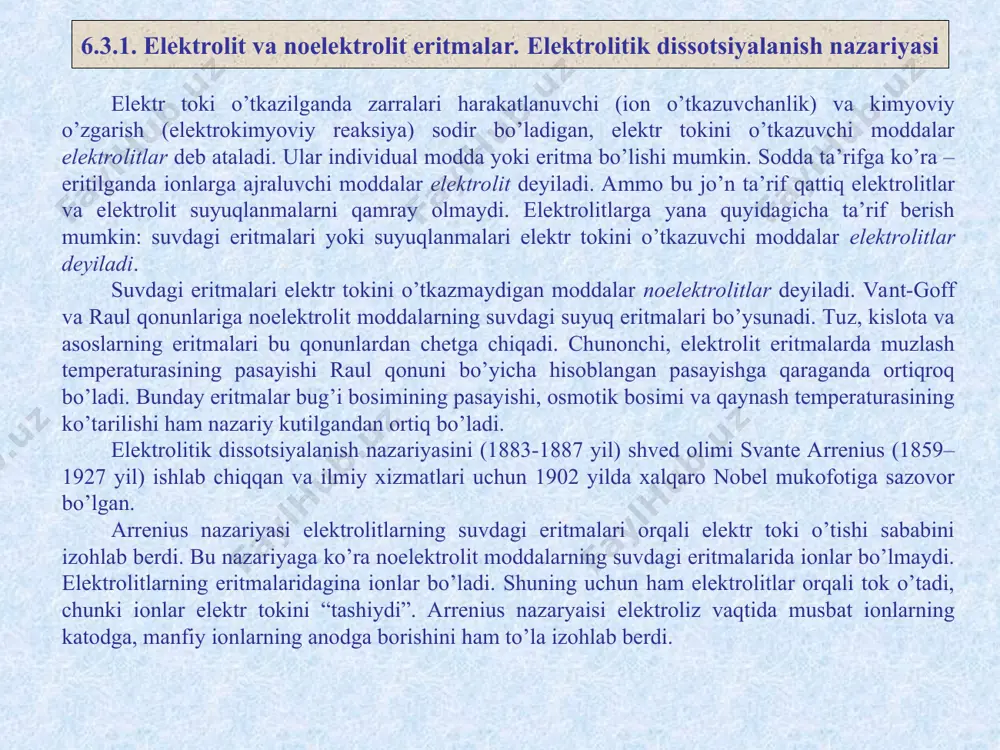 droksid naoh shakar c12h22o11 natriy sulfat na2so4 sianid kislota hcn natriy xlorid nacl silikat kislota h2sio3 nitrat kislota hno3 sirka kislota ch3cooh permanganat kislota hmno4 sulfid kislota h2s perxlorat kislota hclo4 sulfit kislota h2so3 sulfat kislota h2so4 suv h2o xlorid kislota hcl temir (ii) gidroksid fe(oh)2 yodid kislota hj temir (iii) gidroksid fe(oh)3 * 7 qanday moddalar elektrolitlar deb ataladi ? elektrolitik dissotsiyalanish nazariyasining mohiyatini tushuntiring. dissotsiyalanish tenglamalariga misollar keltiring. dissotsiyalanish darajasi deb nimaga aytiladi? dissotsiyalanish konstantasi nima? kuchli elektrolitlarga misollar keltiring. kuchsiz elekirolitlarga misollar keltiring. gidratlanish nazariyasini tushuntirib bering. gidratlanish energiyasi nima? nazorat savollari * 7 e’tiboringiz uchun raxmat!!! bosqichli dissotsiyalanish. ko’p negizli kislotalar, ko’p negizli asoslar, nordon va asosli tuzlar bosqichli dissotsiyalanadi. kislotalarning dissotsiyalanishi ularning tarkibidagi vodorodlar soniga bog’liq. chunki kislotalar tarkibidagi vodorod soniga qarab bir negzli (hcl, hf, hno 3 ) kislotalar, ikki negizli (h 2 so 3 , h 2 co 3 ) kislotalar, uch negzli …