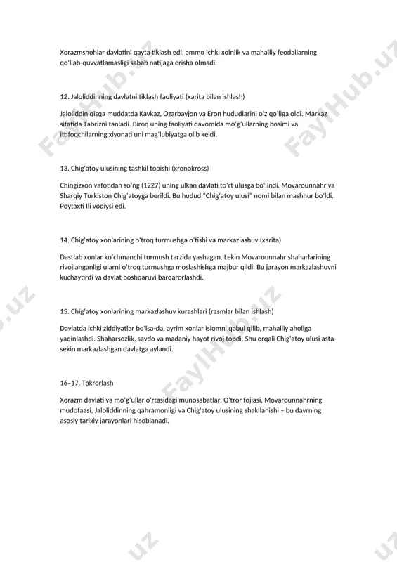 a berildi. bu hudud “chig‘atoy ulusi” nomi bilan mashhur bo‘ldi. poytaxti ili vodiysi edi. 14. chig‘atoy xonlarining o‘troq turmushga o‘tishi va markazlashuv (xarita) dastlab xonlar ko‘chmanchi turmush tarzida yashagan. lekin movarounnahr shaharlarining rivojlanganligi ularni o‘troq turmushga moslashishga majbur qildi. bu jarayon markazlashuvni kuchaytirdi va davlat boshqaruvi barqarorlashdi. 15. chig‘atoy xonlarining markazlashuv kurashlari (rasmlar bilan ishlash) davlatda ichki ziddiyatlar bo‘lsa-da, ayrim xonlar islomni qabul qilib, mahalliy aholiga yaqinlashdi. shaharsozlik, savdo va madaniy hayot rivoj topdi. shu orqali chig‘atoy ulusi asta-sekin markazlashgan davlatga aylandi. 16–17. takrorlash xorazm davlati va mo‘g‘ullar o‘rtasidagi munosabatlar, o‘tror fojiasi, movarounnahrning mudofaasi, jaloliddinning qahramonligi va chig‘atoy ulusining shakllanishi – bu davrning asosiy tarixiy jarayonlari hisoblanadi. /docprops/thumbnail.emf 8 uzbek 2. xiii asr boshlarida xorazm davlatida siyosiy vaziyat (atamalar bilan ishlash) xorazmshohlar davlati xii–xiii asrlarda yaqin sharq va movarounnahrning eng qudratli davlatlaridan biri edi. markazi urganch bo‘lib, muhammad xorazmshoh davrida hududi hind daryosidan kaspiy dengizigacha cho‘zilgan. lekin davlat ichida feodallar …