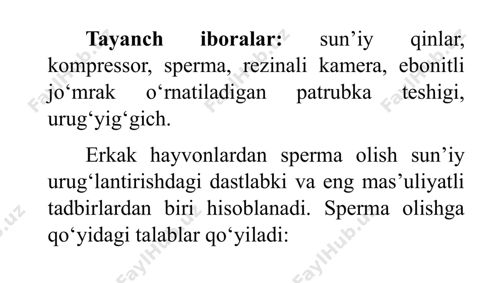 ning ikkala uchki tomonidan ikkita rezina halqa bilan mahkamlanadi. silindrning o‘rtasida suv solish uchun voronkasimon teshik mavjud va havo yuborib kerakli bosim hosil qilish uchun unga ebonit jumrak o‘rnatilgan. silindrning bir uchiga rezina tutqich yordamida shishali sperma qabul qilgach o‘rnatiladi. sun’iy qinning 1960 yilgi sinamasi alyumin silindrdan (16x14 sm kengayishga ega bo‘lgan, o‘lchamlari 25x6,5 sm va 6x6,8 sm), suv solish bug‘uzchasi va unga o‘rnatilgan rezina tiqin, ichki rezina kamerasi va sperma qabul qilgichdan iborat bo‘lib, qindagi bosim uni qiyshaytirgan holatda suv ustuni hisobiga hosil qilinadi. sun’iy qinning 1972 yilgi namunasi 30 sm o‘lchamli qayishqoq rezina silindr va polietilenli sperma qabul qilgichdan iborat bo‘ladi. amaliyotda asosan sun’iy qinning 1942 yilgi sinamasi ko‘proq ishlatiladi. quchqorlar uchun sun’iy qinning 1942 yilgi namunasi ishlatiladi. u uzunligi 20 sm, diametri 5,5 sm bo‘lgan qattiq ebonit yoki rezina silindr, ebonit jumrak, rezina kamera va shisha sperma qabul qilgichdan iborat bo‘ladi. erkak cho‘chqa uchun buqalarga muljallangan sun’iy …