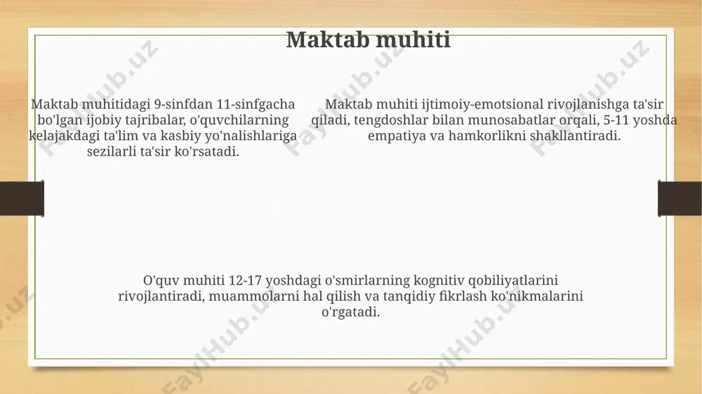 trategiyalari erta aralashuv dasturlari, masalan, head start, 3-5 yoshli bolalarga ta'lim va sog'liqni saqlash xizmatlarini ko'rsatib, kognitiv rivojlanishni kuchaytiradi. maktabda asoslangan psixologik xizmatlar, jumladan, maslahat va terapiya, 6-18 yoshdagi bolalarga ruhiy salomatlik muammolarini hal etishda yordam beradi. ota-onalarni qo'llab-quvvatlash guruhlari va seminarlari ota-onalarga samarali tarbiya usullarini o'rgatadi, bolaning ijtimoiy-emotsional salomatligini yaxshilaydi. atrof-muhitning ta'rifi atrof-muhit deganda bola o'sishi va rivojlanishiga ta'sir etuvchi fizik, kimyoviy va ijtimoiy omillar majmui tushuniladi. bunga 2 asosiy muhit kiradi. prenatal muhit, ya'ni homiladorlik davridagi muhit, bola salomatligiga 0 dan 9 oygacha bo'lgan davrda ta'sir ko'rsatadi, masalan, onaning ovqatlanishi. postnatal muhit esa tug'ilgandan keyingi muhit bo'lib, oila, maktab, jamiyat va tengdoshlar kabi 5 ta asosiy ta'sir doirasini qamrab oladi. chidamlilik va himoya omillari chidamlilik – bu bolaning qiyin vaziyatlarga muvaffaqiyatli moslashuvi, stressdan keyin tiklanishi, 70-80% bolalarda kuzatiladi va ijtimoiy ko'nikmalarni rivojlantirishga yordam beradi. ijobiy ota-ona tarbiyasi himoya omili bo'lib, bolaning o'ziga bo'lgan ishonchini 60% ga oshiradi, xavfli …