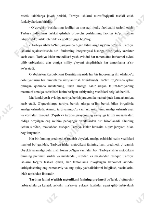 edmeti, o‘rganish obyekti, amalga oshirishi lozim vazifalari mavjud bo‘lganidek, tarbiya ishlar metodikasi fanining ham predmeti, o‘rganish obyekti va amalga oshirilishi lozim bo‘lgan vazifalari bor. tarbiya ishlar metodikasi fanining predmeti sinfda va maktabda , sinfdan va maktabdan tashqari tarbiya ishlarni to‘g‘ri tashkil qilish, har tamonlama rivojlangan barkamol avlodni tarbiyalashning eng zamonaviy va eng qulay yo‘nalishlarini belgilash, vositalarini izlab topishdan iboratdir. tarbiya fanini o‘qitish metodikasi fanining predmeti bo‘lajak o‘qituvchi- tarbiyachilarga kelajak avlodni ma‘naviy yuksak fazilatlar egasi qilib tarbiyalash sanatining qirralari, shakl va yo‘llari hamda bilim, ko‘nikma va malaka hosil qilish haqida bahs yuritadi. tarbiya metodikasi fanining o‘rganish obyektini esa ta‘lim muassalaridagi uzluksiz ta‘lim –tarbiya jarayoni tashkil etadi. tarbiya jarayonini tashkil qilish metodikasi ijtimoiy faollikni shakllantirishga xizmat qiladi. uning maqsadi bo‘lajak o‘qituvchi va tarbiyachilarning tarbiya ish va tadbirlarning mazmunli bo‘lishini ta‘minlashda boy milliy va umuminsoniy qadriyat va urf-odatlardan keng foydalanishga, tarbiya ta‘sirga ega bo‘lgan manbalarni ajrata bilishga qaratilgandir. tarbiya fanini o‘qitishni tashkil qilishning …