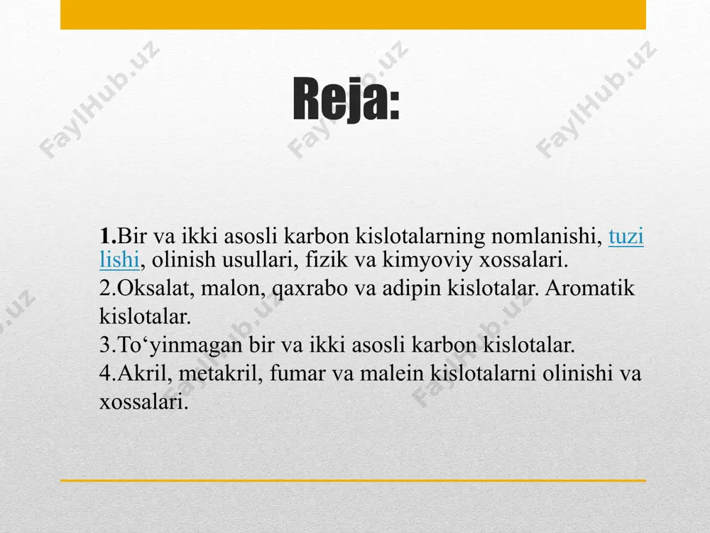 i: rcch → rcooh gidroliz trigaloalkanlarning suvli ishqor eritmasi bilan gidrolizlanishi: rccl3 + 3naoh → rcooh + 3nacl + h2o efirlarning gidrolizi: r¹-coo-r² + koh → r¹-cook + r²-oh fizikaviy xususiyatlar uglerod atomlari 3 tagacha boʻlgan quyi kislotalar oson harakatlanuvchi, rangsiz, oʻziga xos oʻtkir hidli, suv bilan har qanday nisbatda aralashib ketadigan suyuqliklardir. 4-9 uglerod atomli ko’pchilik kislotalar yoqimsiz hidli yog’li suyuqliklardir. ko’p miqdordagi uglerod atomiga ega kislotalar suvda erimaydigan qattiq moddalardir. chumoli va sirka kislotalarining zichligi birdan katta, qolgan kislotalarining zichligi birdan kam. molekulyar og’irlik ortishi bilan qaynash temperaturasi ortadi. bir xil miqdordagi uglerod atomlarig ega bo’lgan normal tuzilishdagi kislotalar, izo tuzilmali kislotalarga qaraganda yuqori haroratda qaynatiladi. kimyoviy xossalari karbon kislotalar turli xil reaksiyalarga kirishadi. karbon kislotalar asos tabiatli moddalar bilan tuzlar hosil qiladi: hcooh +nahco3 → hcoona + h2o + co2 karbon kislotalar ayrim vakillari va ishlatilishi metan kislota; formik kislota yoki chumoli kislotasi sifatida ham tanilgan. lotincha …