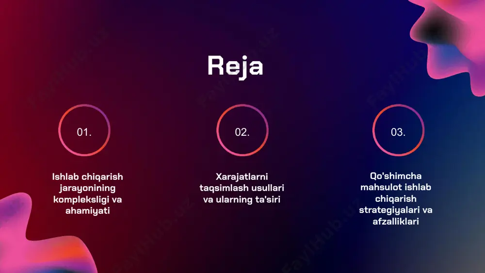 ni nazorat qilishni o'z ichiga oladi. ishlab chiqarish jarayonida xarajatlar taqsimoti xarajatlarni taqsimlash jarayoni - bu ishlab chiqarish xarajatlarini turli mahsulotlar va xizmatlarga taqsimlash usulidir. bu jarayon xarajatlarni aniqlash va ularni mahsulotlar orasida adolatli taqsimlashni o'z ichiga oladi, bu esa ishlab chiqarish samaradorligini oshirishga yordam beradi. masalan, restoranlarda taom narxlari hisoblanayotganda, ingredientlar, ishchilar maoshi va boshqa xarajatlar hisobga olinadi. ushbu jarayon taomning narxini belgilashda muhim ahamiyatga ega, chunki xarajatlarni to'g'ri taqsimlash qo'shimcha mahsulotlar ishlab chiqarish imkoniyatini oshiradi. qo'shimcha mahsulot ishlab chiqarish jarayoni ta'rif: qo'shimcha mahsulotlar, ishlab chiqarish jarayonida asosiy mahsulotlar bilan birga paydo bo'ladigan qo'shimcha natijalar hisoblanadi. ular ishlab chiqarishni samarali tashkil etishga yordam beradi va ko'proq xarajatlarni qoplash imkonini yaratadi. jarayon: ishlab chiqarish jarayonida qo'shimcha mahsulotlar bir nechta bosqichlardan o'tadi. birinchi bosqichda, asosiy mahsulotning ishlab chiqarilishi davomida chiqindilar yoki ortiqcha materiallar aniqlanadi. keyinchalik, bu materiallar qayta ishlanib, qo'shimcha mahsulotlarga aylantiriladi. foyda: qo'shimcha mahsulotlar ishlab chiqarish orqali kutilgan foyda, xarajatlarni …
