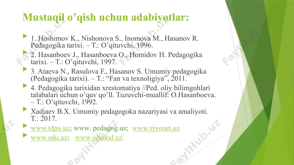 rshisida “xolisiya” xonaqohi, “qudsiya” jome’ masjidi, “shifoiya” davolash uyi, “safoiya” hammomi, va ular qoshiga toshhovuz qurdirdi. jaloliddin dovoniyning axloqiy qarashlari jaloliddin davoniy (to’la nomi jaloliddin muhammad ibn asad as siddiqiy ad davoniy) (1427 — davon qishlog’i, eron — 1502) — sharq olimi, faylasufi. axloqi jaloliy», «risolatul-xuruf» («harflar haqida risola»), «risolayi isboti vojib» («zaruriyatning isboti haqida risola»), «risola ul-mufradot» («moddalar haqida risola»), «risolayi fi tavjix ultashbih» («majoz talqini xaqida risola»), «risola dar elm un-nafs» («ruhshunoslik to’g’risida risola»), «tariqati tarbiyat ul-avlod» («bolalarni tarbiyalash usuli») kabi asarlar yaratgan. donolik adolat shijoat iffat “axloqiy jaloliy” asaridagi pedagogik fikrlar zehn o’tkirligi fahmlilik zehn ravshanligi bilimni tez egallash qobiliyati qo’yilgan muammoni anglashi yodlash qobiliyati xotira dovoniy insonga foyda keltiradigan kasb- hunarni uchga bo’ladi: ta’lim-tarbiya orqali o’rgatiladigan kasblar aqliy faoliyat bilan bog’liq kasblar jasurlik va shijoatga yo’llovchi kasblar e’tiboringiz uchun rahmat ! image1.jpeg image2.jpeg image3.jpg image4.jpg image5.jpeg image6.jpg image7.jpg image8.jpg image9.jpeg image10.jpg /docprops/thumbnail.jpeg