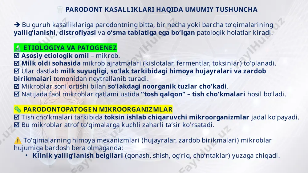 sallikning davom etishiga sabab bo‘ladi. umumiy surunkali kasalliklar (oshqozon-ichak, yurak-qon tomir, moddalar almashinuvi buzilishi, asab tizimi kasalliklari) muhim rol o‘ynaydi. yengil darajasi shikoyatlar: tishlarni tozalaganda milkdan vaqti-vaqti bilan qon oqishi. og‘izda qo‘lansa hid. milklarda noqulayliklar. tish toshlarining tez yig‘ilishi. yallig‘lanish ayrim yoki ko‘p tishlar atrofida. obyektiv: milk ko‘kimtir rangda, biroz shishgan. tish-milk cho‘ntagi chuqurligi ~3,5 mm. rentgenogrammada: kompakt plastinkaning yuqori qismi yemirilgan. tishlararo alveola to‘siqchalarining 1/3 qismi emirilgan. tishlar qimirlashi fiziologik darajada, joyidan siljish yo‘q.` 🦷 surunkali parodontit o‘rta darajasi shikoyatlar: milkdan qon oqishi faqat tozalash paytida emas, balki qattiq narsa tishlaganda ham. milk rangi va shakli o‘zgaradi. ayrim tishlar qimirlab, joyidan chiqadi. milklarda qichish, achish va noxush sezgilar. obyektiv: milk ko‘kimtir (sianoz), so‘rg‘ichlar shishgan, tishlardan ajralgan. bosilganda qon aralash yiring chiqadi. cho‘ntak chuqurligi 4–5 mm. tishlar i–ii darajali qimirlashda. gingivit ko‘pincha kataral, ba’zan yarali yoki gipertrofik shaklda. rentgenogrammada: tishlararo to‘siqlarning ½ qismida suyak destruksiyasi. osteoporoz o‘choqlari. periodontal yorig‘ kengaygan. …