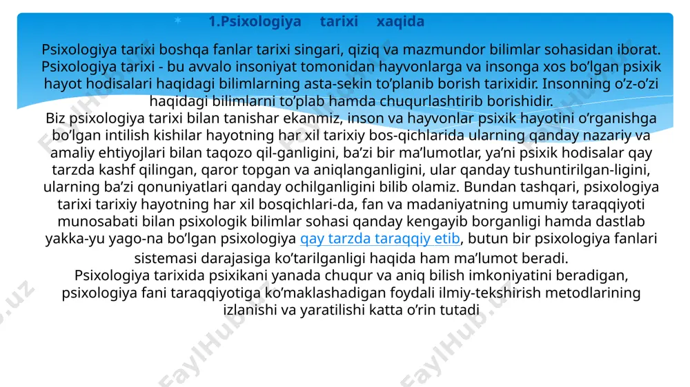 ida faqat psixologik tadqiqotlarga bagʻishlangan birinchi psixologik laboratoriyaga asos soldi. vundt oʻzini psixolog deb atagan birinchi odam ham edi. vundtning muhim kashfiyotchisi ferdinand uebervasser (1752-1812) edi, u 1783-yilda oʻzini empirik psixologiya va mantiq professori etib tayinladi va germaniyaning eski myunster universitetida empirik psixologiya boʻyicha maʼruzalar oʻqidi[2]. bu sohaga boshqa muhim hissa qoʻshganlar orasida hermann ebbinghaus (xotirani oʻrganish boʻyicha kashshof), uilyam jeyms (amerikalik pragmatizmning otasi) va ivan pavlov (klassik konditsionerlik bilan bogʻliq protseduralarni ishlab chiqqan). . eksperimental psixologiyaning rivojlanishidan koʻp oʻtmay, amaliy psixologiyaning har xil turlari paydo boʻldi. g.stenli xoll 1880-yillarning boshlarida germaniyadan aqshga ilmiy pedagogikani olib keldi. jon dyuining 1890-yillardagi taʼlim nazariyasi yana bir misol edi. shuningdek, 1890-yillarda gyugo myunsterberg psixologiyani sanoat, huquq va boshqa sohalarda qoʻllash haqida yozishni boshladi. lightner witmer 1890-yillarda birinchi psixologik klinikani yaratdi. jeyms makkin kettell 1890-yillarda birinchi aqliy test dasturini yaratish uchun frensis galtonning antropometrik usullarini moslashtirdi. shu bilan birga, vena shahrida zigmund freyd ongni …