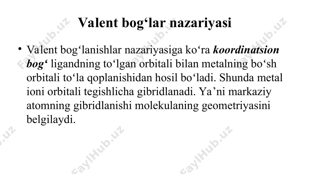 flangan energiya gibrid orbitallardan bogʻ hosil boʻlgandagi energiyadan kichik boʻladi deb izohlash mumkin. tetraedrik komplekslarda tetraedrik kompleks hosil boʻlsihida gibridlanish metal ionining boʻsh sp3 gibrid orbitallari hisobiga amalga oshadi. [zn(oh)4]2- hosil boʻlishini valent bogʻlanishlar nazariyasi bilan tasvirlash valent bogʻlanishlar nazariyasi umumiy holda oktaedrik va chiziqli komplekslarning tuzilishini tushuntirsa ham, ularning rangi va magnit xossalarini tushuntirib bera olmaydi. masalan, markaziy ion bir xil fe3+ boʻlsa ham [fe(cn)6]3- kompleksining effektiv magnit momenti 2,20 bm va [fef6]3- kompleksiniki 5,85 bm. shuningdek, [nicl4]2- kompleksi tetraedrik va paramagnit boʻlsada, unga izoelektron komplekslar [ni(cn)4]2- hamda [ptcl4]2- tekis kvadrat boʻlib, diamagnitligini oldindan aytish imkoni bermaydi. balki buni tushuntirish uchun ikki xil yondashuvdan (elektronlarning juftlashishi yoki juftlashmasligi) foydalaniladi. buning sababi valent bogʻlanishlar nazariyasi d-orbitallarning energiyasi hamda ligandlar ta’sirini e’tiborga olmaydi. kristall maydon nazariyasi sodda boʻlsa ham komplekslarning rangi va magnit xossalarini tushuntirib bera oladi. e’tiboringiz uchun rahmat!