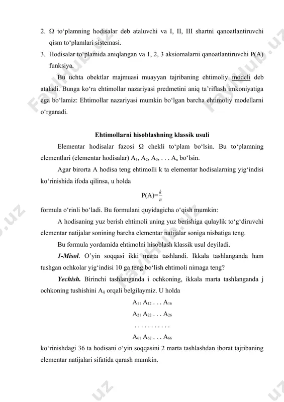 ehtimollar nazariyasining aksiomalari. ehtimollarni hisoblashning klassik usuli - Page 5