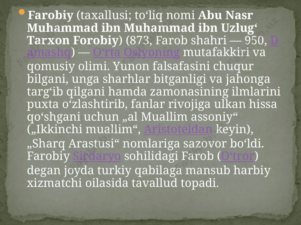 hlig'i esa adolatii, yuksak axloqli va ma'rifatli, o'zida butun ijobiy xislatlarni to'plagan bo'lishi lozim. lekin, shunday shahar yoki mamlakatlar bo'ladiki, ularning aholisi nafsga berilgan, butun fikri-zikri boylik to'plash bo'ladi. forobiy bunday shaharlarni johil shaharlar deb ataydi. johil shaharlarning boshliqlari ham faqat boylik to'plashga ruju qo'ygan bo'ladi. "ulardan chiqqan rahbar ham, — deb ta'kidlaydi alloma, — rahbarlikni mol- dunyo ko'paytirishda deb biladi. shuning uchun ham ular ertayu-kech mol-dunyo to'plash harakatida bo'ladi. bunday rahbarlarning qo'l ostida bo'lgan shahar xalqida har turli buzuq odatlar, shahvoniy nafs, bir-birini ko'rolmaslik, bir- birini talash, dushmanlik, nizo-janjallar paydo bo'ladi". forobiyning yozishicha, haqiqiy baxtga erishish uchun harakat qiluvchi, o'zaro yordam qiluvchi, xalqini birlashtirgan shahar — fozil shahar hisoblanadi. forobiy fikriga ko'ra, davlatni idora etuvchi shaxs o'zining fazilat va xulq-odobi bilan ajralib turishi, xususan u 6 ta xislatni egallagan bo'lishi, ya'ni ado- latni va dono bo'lishi, boshqalarga g'amxo'rlik qilishi, qonunlarga to'la rioya etishi va qonunlarni yarata olishi, kelgusini oldindan …