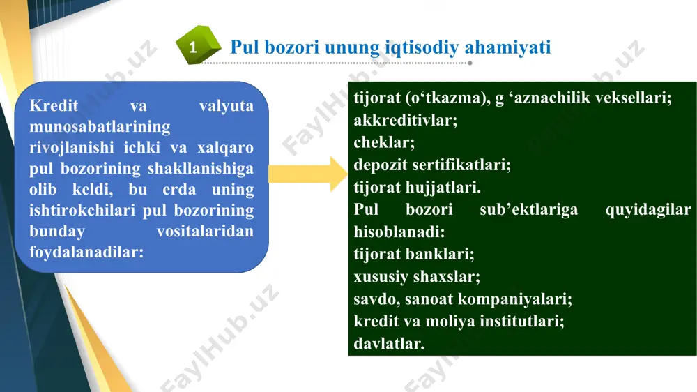 an boshqariladigan joylarni o‘z ichiga oladi. emitent kompaniyalar ikkilamchi bozorda ishtirok etmaydilar. bozor kapitallashuvi (shuningdek, bozor qiymati deb ham ataladi) - bu ro‘yxatga olingan mahalliy kompaniyalar uchun muomalada bo‘lgan aktsiyalar soniga (shu jumladan bir nechta sinflarga) ko‘paytiriladigan aktsiyalar narxi. 3. valyuta bozori unung iqtisodiy ahamiyati valyuta bozori moliya bozorining ajralmas qismidir. boshqa nomi foreks deb ham ataladi. valyuta bozori moliya bozorining ajralmas qismi sifatida bitimlarni amalga oshirish bilan bog ‘liq iqtisodiy munosabatlar sohasi bo‘lib valyuta qiymatlarini oldi-sotdi qilish, shuningdek valyuta investitsiyalarini kiritishdan iborat. valyuta bozori valyuta qiymatlarining sotuvchisi va xaridorining manfaatlarni muvofiqlashtirish vositasidir. valyuta bozori deganda rasmiy moliyaviy markaz tushunilib, valyuta qadriyatlarini talab asosida sotib olish va sotish tushunchalarnu o‘z ichiga qamrab olgan. funktsional nuqtai nazardan, valyuta bozori valyuta va valyuta qiymatlari bilan turli xil operatsiyalar to‘plami sifatida, shu jumladan xalqaro hisob-kitoblarni amalga oshirish, valyuta xatarlarini sug‘urtalash, valyuta zaxiralarini diversifikatsiya qilish, valyuta intervensiyalari, spekulyativ operatsiyalarni ko‘rib chiqish mumkin. institutsional nuqtai …