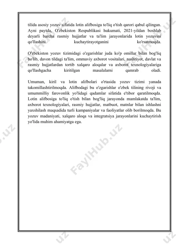 yozuvda oʻzgarishlar koʻrilishi kerak bo'ladi. 13. **qoʻshiluvchi tovush**: ayrim tovushlar boshqa tovushlarga birikib, oʻzgaradi. masalan, "kitobxon", "to'yxon". 14. **murakkab soʻzlar**: murakkab yoki qo'shma soʻzlarda, tasdiqlangan qoidalarga binoan, alohida ko‘rib chiqiladi. masalan, "biofizika", "poytaxt". 15. **turli xil soʻzlar o'rtasidagi belgilar**: ayniqsa soʻzlarni ajratishda yoki birlashtirishda, maxsus belgilardan, jumladan, vergullardan foydalaniladi. bu imloning bir qismi hisoblanadi. oʻzbek tili imlo qoidalari tilni oʻrgangan va milliy yozuvni amalda toʻgʻri qoʻllamoqchi boʻlgan har bir kishi uchun foydali qo'llanma hisoblanadi. til jarayonidagi oʻzgarishlar va oʻsish bilan birga, har qanday yangi oʻzgarishlarni oʻz ichiga olishini unutmang. 3. o'zbek tilida urg'u qoida va turlari o‘zbek tilidagi urg‘u qoidalari va turlari haqida batafsil ma'lumot berishdan avval, urg‘u tushunchasini qisqacha tushuntirib o‘tsak maqsadga muvofiq bo‘ladi. urg‘u — so‘zdagi yoki gapdagi biror bir bo‘g‘in yoki so‘zning boshqa bo‘g‘inlardan yoki so‘zlardan ko‘ra kuchliroq talaffuz qilinishi hodisasidir. urg‘u ona tilining talaffuzini aniqlashdagi muhim element sanaladi va unga alohida ahamiyat beriladi. o‘zbek tilida urg‘u …
