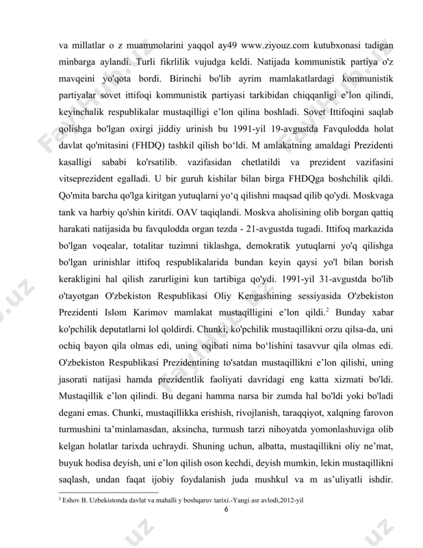 p masalalarni endi hech kimning yordamisiz hal qilishga to‘g‘ri kelar edi. birinchi navbatda, fuqarolarning tinchligini, ularning munosib hayot kechirishini ta minlash, buning uchun mamlakat xavfsizligini ta’minlash zarurati vujudga keldi. mustaqillikdan so'ng qaysi yo‘l bilan borishni aniqlab olish zarur bo‘ldi, bu keyingi ishlarni to‘g‘ri hal qilishga asos bo'lardi. shuning uchun, o‘zbekiston rahbariyati atrofda, xalqaro maydonda bomayotgan voqealardan kelib chiqib, xalq xohish-irodasiga tayanib, mamlakatni demokratik yo'ldan rivojlantirish, demokratik mamlakatlarda e’tirof etilgan prinsiplarni qo‘llash maqsadga muvofiqligini, demokratik davlat qurish yo'lini tanladi. buning uchun demokratik talablarga va prinsiplarga javob beradigan davlat hokimiyatini yo'lga qo'yish; bozor munosabatlariga asoslangan iqtisodni tashkil etish; fuqarolar manfaatiga mos keluvchi fuqaro, jamiyat, davlat munosabatini o'rnatish, unda fuqaro manfaatlarining ustunligini ta’minlash, inson, uning huquqi, erkinligi, qadr-qimmati, sha’nini oliy qadriyat darajasiga ko'tarish; mamlakatda yashovchi barcha millatlar manfaatlarini birdek ta’minlash; mamlakat xavfsizligini birday ta’minlashni nazarda tutuvchi tashqi siyosat olib borish mamlakatimiz oldidagi eng muhim vazifalar sifatida maydonga chiqdi. bu vazifaga erishishi uchun birinchi …