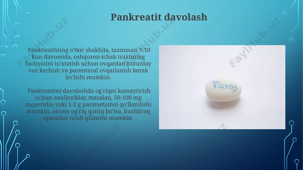 adigan dorilar pankreatik fermentlarning yetishmovchiligida, taxminan 20 000-40 000 lipaz birligiga ega bo'lgan ferment preparatlari, ovqat hazm qilishni yaxshilash uchun qo'llaniladi. pankreatitning o'tkir hujumlarini davolashda suyuqliklarni infuziyasi, taxminan 2-4 litr hajmdagi, elektrolitlar muvozanatini tiklash va dehidratatsiyani oldini olish uchun muhimdir. pankreatit diagnostikasi pankreatik sekretsiyani tahlil qilish, endoskopik retrogad pankreatografiya (ercp) yordamida o't yo'llarini va pankreatik yo'llarni tekshirish, toshlarning borligini aniqlash va obstruktsiya sabablarini aniqlashda qo'llaniladi, muvaffaqiyat darajasi 70-80% ni tashkil etadi. pankreatit diagnostikasida qon tekshiruvlari, jumladan amilaza va lipaza darajalarini aniqlash, o'tkir pankreatitni aniqlashda muhim ahamiyatga ega bo'lib, ularning ko'tarilishi kasallikning 80% dan ortiq hollarda kuzatiladi. xolegog agentlarining yon ta'siri xolegogik vositalarning allergik reaksiyalari, masalan, terining qichishishi va toshmasi, 1-2% bemorlarda kuzatilgan. ba'zi xolegogik preparatlar jigar fermentlari faolligining oshishiga, taxminan 5-10% hollarda jigar hujayralariga toksik ta'sir ko'rsatishi mumkin. e'tiboringiz uchun rahmat @taqdimot_robot image3.jpg image4.jpg image5.jpg image6.jpg image7.jpg image8.jpg image9.jpg image10.jpg image11.jpg image12.jpg image13.jpg image14.jpg image15.jpg image16.jpg image17.jpg image18.jpg image19.jpg image2.png