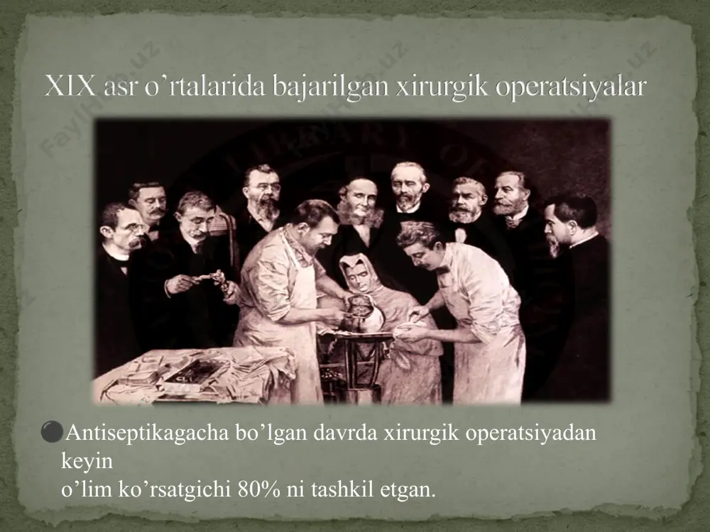 orqali) operatsiyadan oldin bemorni tekshirish; surunkali infektsiya o'choqlarini sanatsiya qilish; oshqozon-ichak traktini tayyorlash; nafas yo'llarini tayyorlash; kovak organlarning ochilishida chegaralanish; ochilgan kovak organning bo’shlig’iga ishlov berish. 1. havoning ifloslanishining oldini olish: jarrohlik bo'limlarining joylashuvi; bemorlar oqimini ajratish; operatsion blokning sxemasi va qurilishi; jarrohlik bo'limi va operatsion blok ishini tashkil etish tizimi steril zona: operatsiya xonalari va asboblar uchun sterilizatsiya xonasini o'z ichiga oladi; operatsiya guruhining xodimlari ushbu hududga faqat sanitariya nazorati punkti va operatsiyadan oldingi xona orqali kirishlari mumkin; steril zonaning chegarasi polda qizil chiziq bilan belgilangan, uni faqat maxsus operatsion kiyimda, poyabzalda va niqobda kesib o'tishga ruxsat beriladi; operatsiya paytida operatsiya xonasiga lozim bo’lmaganda kirish taqiqlanadi. qat’iy rejim zonasi: operatsiyadan oldingi, yuvish, anestetik. cheklangan zona: qon saqlash xonasi, asbob-uskunalar xonasi, asboblar xonasi, xodimlar xonalari, dush xonalarini o'z ichiga oladi. umumiy shifoxona rejim zonasi: kirish joyi oldingi zonalar bilan bog'liq bo'lmagan binolarni o'z ichiga oladi - bu bosh hamshiraning xonasi, …