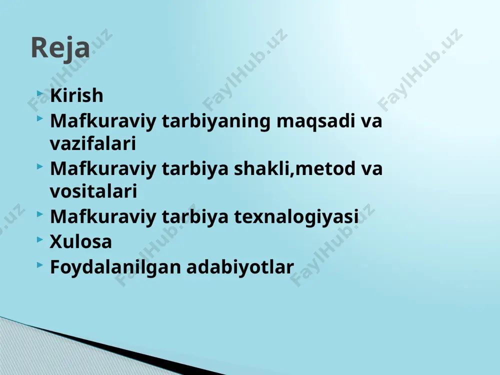 tizimi orqali amalga oshiriladi. g‘oyaviy tarbiyaning uslub va vositalari inson, jamiyat a’zosi, turli guruh va jamoalarning vakili sifatida doimo ularning ta’siri ostida bo‘ladi. ya’ni, har bir shaxsning fe’latvorida, xatti-harakatlarida u mansub bo‘lgan millat, xalq, professional toifa, jamoa va oilaning ijobiy yoki salbiy ta’siri bo‘ladi. mafkuraviy tarbiyaning maqsadi va vazifalari tarixiy shart-sharoit, davr, davlat tuzimi va o‘sha jamiyatdagi siyosiy, iqtisodiy va mafkuraviy ta’sirlar uning dunyoqarashi, fikrlash tarzi, tafakkurida o‘z aksini topadi. bunday ta’sirlarning ikki xili mavjud: — makro bosqichdagi ta’sirlar yoki keng ma’nodagi ijtimoiy-ma’naviy, siyosiy hamda iqtisodiy muhit ta’sirlari; — mikro bosqichdagi ta’sirlar yoki bevosita inson bolasi tug‘ilib o‘sadigan oila, ta’lim va tarbiya maskanlari, mehnat jamoasi, mahalla va do‘stlar muhitidagi ta’sirlar. mafkuraviy tarbiyaning maqsadi va vazifalari mafkurachilarning asosiy ish uslubi, metodlariga o‘zida mavjud bilim, tushuncha, g‘oyalarni asos qilib olgan holda, birinchi navbatda yoshlarda, qolaversa, keng xalq ommasi ongida mustahkam e’tiqodni shakllantirish ta’sir ko‘rsatish va taqlid etishga chorlashdir. bunda u muloqotning barcha …