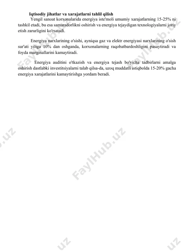 arni tahlil qilish yengil sanoat korxonalarida energiya iste'moli umumiy xarajatlarning 15-25% ni tashkil etadi, bu esa samaradorlikni oshirish va energiya tejaydigan texnologiyalarni joriy etish zarurligini ko'rsatadi. energiya narxlarining o'sishi, ayniqsa gaz va elektr energiyasi narxlarining o'sish sur'ati yiliga 10% dan oshganda, korxonalarning raqobatbardoshligini pasaytiradi va foyda marginallarini kamaytiradi. energiya auditini o'tkazish va energiya tejash bo'yicha tadbirlarni amalga oshirish dastlabki investitsiyalarni talab qilsa-da, uzoq muddatli istiqbolda 15-20% gacha energiya xarajatlarini kamaytirishga yordam beradi. 📌xulosa yorug' sanoat energiya ishlab chiqarish tsikli resurslarning samarali ishlatilishini ta'minlash, chiqindilarni kamaytirish va ekologik toza texnologiyalarni joriy etish orqali barqaror rivojlanishga hissa qo'shadi. 📚foydalanilgan adabiyotlar 1. yorug' sanoat energiya ishlab chiqarish tsiklini tahlil qilishda energetik samaradorlikni oshirish yo'llari. (manbaa ko'rsatilishi kerak) 2. engil sanoat korxonalarida energiya tejovchi texnologiyalarni joriy etishning iqtisodiy samaradorligi. (manbaa ko'rsatilishi kerak) 3
