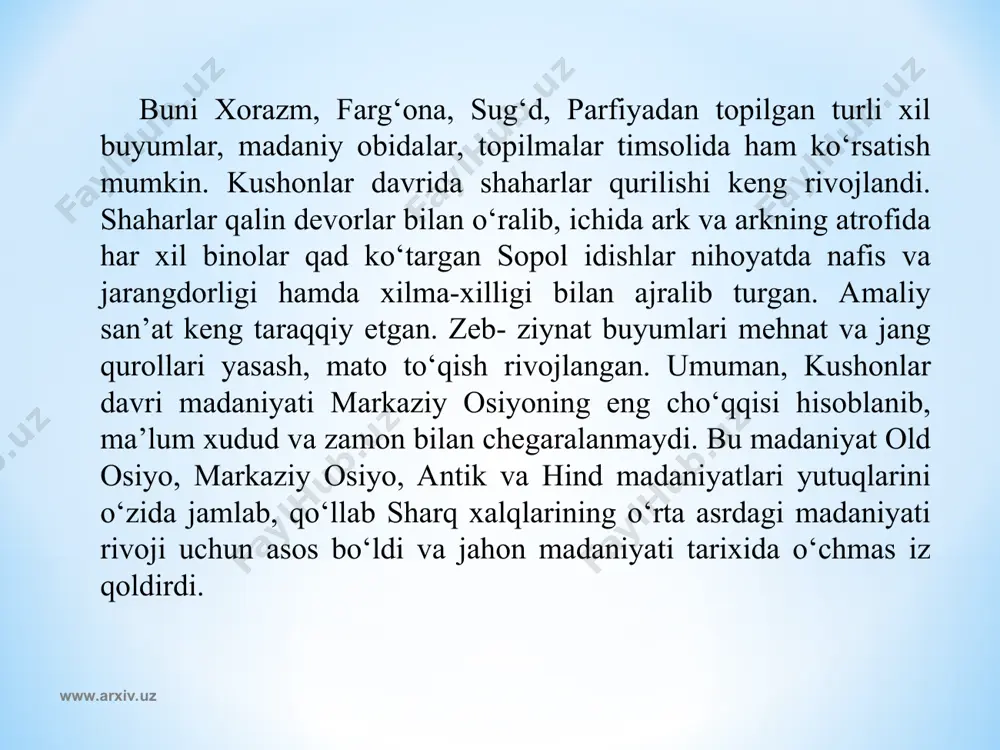 qda (xitoy) vi-viii asrlarda boshlanib, g‘arb sari siljigan va xiv asrda yevropa hodisasiga aylangan. uyg‘onishning bunday talqiniga qarshi bu hodisa turli mamlakatlarda mintaqaviy, ayrim ko‘rinishlarda amal qilishi mumkin, lekin u umumjahoniy fenomen bo‘lishi mumkin emas, deb hisoblovchilar ham bor. uyg‘onish davri xitoyda (konrad), kuriyada (ten), eron-tojikistonda (braginskiy, nikitin), hindistonda (selishev), turkiyada (mellov), armanistonda (chaloyan), ozorboyjonda (gajiev), gruziyada (nusubidze, natadze) kechkanligi haqida ayrim ma’lumotalar keltiriladi. ayni choqda har ikki qarash tarafdorlarini yevropa uyg‘onish davrini mutlaqo betakror hodisa deb qarovchi mualliflar (a. losev, m. petrov) jiddiy tanqid qiladilar. www.arxiv.uz www.arxiv.uz o‘zbekistonda sharq uyg‘onish davri masalasi mahalliy materiallarni umumlashtirgan holda yetarli ishlanmagan. markaziy osiyo mintaqasidagi uyg‘onish haqida gap borganda ix-xii asrlar avvalo xorijiy madaniyat va qaror topgan islomiy eti’qodga nisbatan rivojlangan va boyigan qadimiy madaniyat negizida milliy uyg‘onish deb qaralmog‘i lozim. markaziy osiy uzoq yillik tarixida ko‘p bosqin va talonchiliklarni ko‘rdi, ularga qarshi ozodlik va mustaqillik uchun kurash olib bordi. haqiqat shundaki, har …