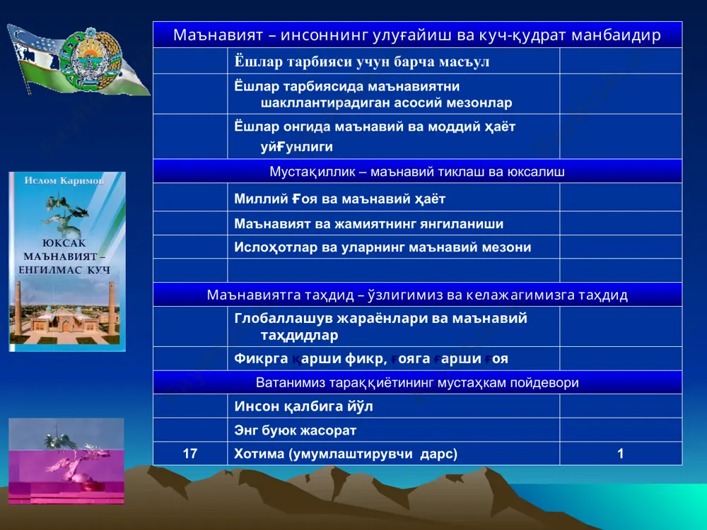 уларнинг маънавий ва жисмоний камолотига бевосита боғлиқ. миллий ғоянинг узвий таркибий қисмларини ташкил қиладиган комил инсон, ижтимоий ҳамкорлик, миллатлар аро тотувлик, динлар аро бағрикенглик каби тамойиларнинг маъно моҳиятини бугунги кунда мамлакатимизда олиб борилаётган маънавий- маърифий, таълим-тарбия ишларининг марказига қўйиш, уларни янги босқичга кўтариш,ёш авлодимизни ҳар томонлама мустақил фикрлайдиган етук дунё қараш эгалари қилиб тарбиялашдан иборат. бизнинг энг улуғ ғоямиз- ўзбекистоннинг мустақиллигини мустаҳкамлаб, мамлакатимизни ҳар томонлама юксалтириб, ёруғ ва эркин ҳаёт сари олға юриш. ёшлар ва маънавий ҳаёт янги жамият пойдеворини барпо этишда эркин фуқаро маънавиятини шакллантириш долзарб аҳамиятга эга масала. 1990 йил 24 март куни ўтказилган республика олий кенгашининг биринчи сессиясининг тарихий аҳамияти. маънавий тикланиш ва ривожланишнинг илк режалари ва қадамлари. маънавий тикланиш ва янгиланишнинг тўғри йўли. маърифат ва маданиятнинг моддий- техник базасини мустаҳкамлаш. инсоннинг тўлақонли ҳаёти учун ниҳоятда зарур бўлган мактаблар, кутубхонлар, театр ва бошқа маданият ўчоқларини кўпайтириш, уларнинг шароитини яхшилаш. мустақиллик йилларида маърифат ва маданиятга муносабатнинг ижобий томонга …