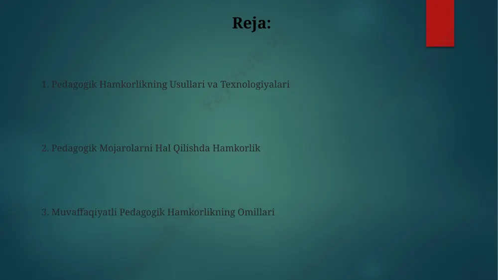 hdan iborat bo'lib, har bir bosqich o'qituvchilarning emotsional holatini 20% ga kamaytirishga yordam beradi. konfliktlarni hal qilish usullari mediasiya usuli, ya'ni neytral vositachining yordami bilan mojaroli tomonlar o'rtasida kelishuvga erishish, 90% hollarda muvaffaqiyatli natija beradi. konfliktni hal qilishda 70/30 qoidasini qo'llash, ya'ni tinglashga 70%, o'z fikringizni ifodalashga 30% vaqt ajratish, konstruktiv muloqotga yordam beradi. kompromissga erishish pedagogik mojarolarni hal qilishda kompromissga erishish, 2 tomonning ham manfaatlarini qisman qondirish orqali, kamida 2 ta variantni muhokama qilish va 5 bosqichli murosa jarayonini qo‘llash orqali amalga oshiriladi. kompromissga erishish jarayoni, taraflarning o‘zaro hurmatini va konstruktiv muloqotni ta’minlash orqali, 70% muvaffaqiyatga erishish imkoniyatini beradi, asosiy strategiya sifatida o‘zaro kelishuvga asoslangan yondashuvni qo‘llaydi. kelajakdagi rejalar va tavsiyalar kelgusi yilda kamida 10 ta o'qituvchilar guruhi bilan pedagogik hamkorlik bo'yicha treninglar o'tkazish va ularning tajribalarini kvalitativ tahlil qilish nazarda tutilgan. pedagogik muammolarni hal qilishda innovatsion texnologiyalarni, masalan, onlayn platformalar va muloqot vositalarini qo'llash bo'yicha 3 ta amaliy …